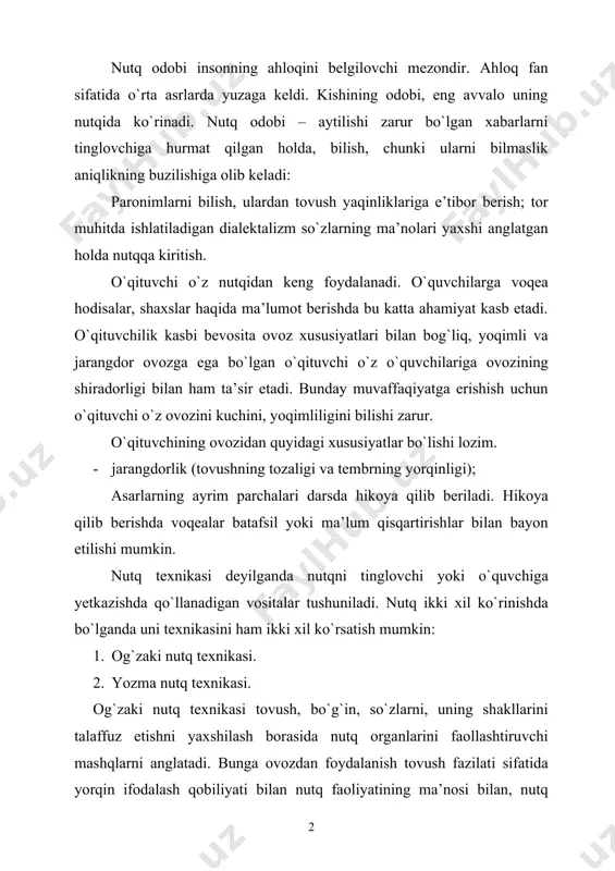 ilsa, unga mos so`zlar tanlasa va o`zi tanlagan so`zlarning ma’nolariga vazifalar yuksala, nutqning aniq bo`lishi muqarrardir. nutqning sifati ma’nosidan aniqligining o`zi nimalardan iborat? aniqlikni “nutq borlik”, nutq – tafakkur munosabatlari asosida aniqlasa bo`ladi. ish qog`ozlarga xos bo`lgan xususiyatlar. yozma nutq ham huddi og`zaki nutq kabi tinglovchi uchun yaratiladi. uning qulayligidan, o`quvchiga tez va butun mohiyati bilan yetib borishidan yozuvchi ham, o`quvchiga ham minnatdor. shuni nazarda tutganda yozma nutq texnikasi quyidagilarni o`z ichiga oladi: a) har qanday yozma nutq xat boshidan, bosh harf bilan boshlanishi kerak, har bir gap mazmunan nisbatan tugallangan bo`lishi, yorqin fikr anglatishi kerak; - keng diapazonlik (ovozning eng pastlikdan eng yuqorigacha bo`lgan darajasi); - havodorlik (erkin so`zlaganda yaxshi eshituvchanlikka ega bo`lish); · ixchamlik va harakatchanlik; · chidamlilik (uzoq ishlash qobiliyatiga ega bo`lish); · moslashuvchanlik (dinamika, tembr, melodikani eshitilish sharoitida moslasha olish); · qarshi shovqinlarga nisbatan barqarorlik; · suggestivlik (ovozni hayajon ifodalash va bu orqali tinglovchining hulqiga ta’sir …