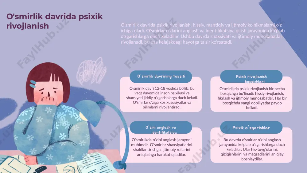 irlarning psixologik holatiga katta ta'sir qiladi, bu esa ularning munosabatlarini shakllantiradi. emotsional barqarorlikni rivojlantirish uchun strategiyalar juda muhimdir. o’smirlar uchun ijtimoiy va emotsional ko'nikmalarni o'zlashtirish, hayotning turli vaziyatlarida muvaffaqiyatli bo'lishlariga yordam beradi. ushbu davrda olingan tajribalar, shaxsiy va professional hayotda muvaffaqiyatga erishishda katta ahamiyatga ega. foydalanilgan adabiyotlar 1. murodov, s. o'zmirlik davrida psixologik rivojlanish. o'zbekiston respublikasi fanlar akademiyasi, 2021 2. rahimov, a. o'smirlikda emotsional barqarorlik va uning ta'siri. pedagogika va psixologiya jurnali, 2022 3. tursunova, d. o'smirlik va ijtimoiy ta'sirlar: nazariy va amaliy jihatlar. o'zbekiston respublikasi oliy va o'rta maxsus ta'lim vazirligi, 2020 4. jalilov, x. o'smirlar uchun emotsional barqarorlikni rivojlantirish usullari. o'zbekiston psixologiya jamiyati, 2023 5. saidova, n. o'smirlik davrida psixik o'zgarishlar: ijtimoiy va psixologik aspektlar. o'zbekiston fanlari jurnali, 2023 e'tiboringiz uchun rahmat! image1.png image2.png image3.png image4.png image5.png image6.png image18.png image14.png image15.png image11.png image13.png image17.png