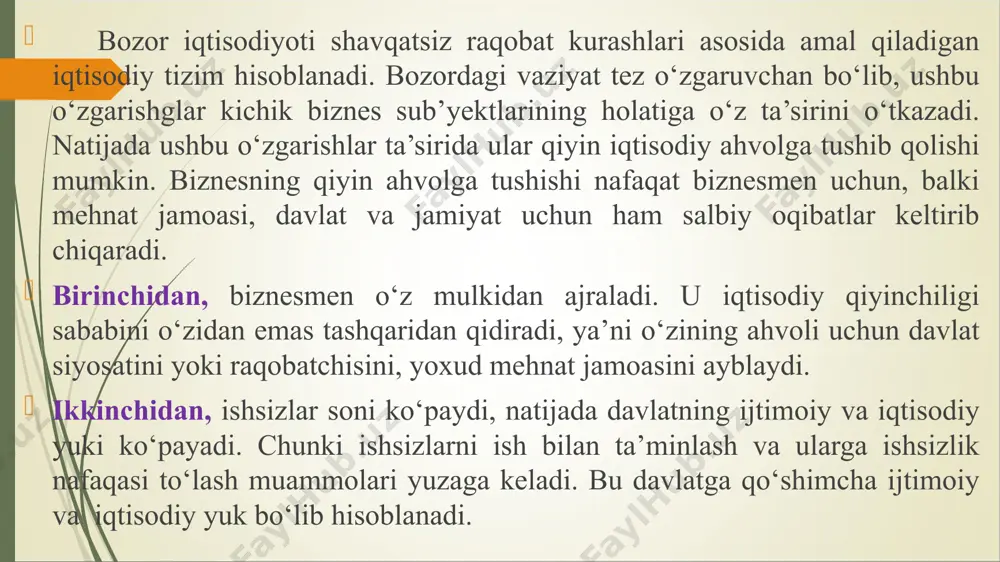 lanadi.ish oqilona tashkil etilganda xolding yagona ilmiy-texnika,investitsiya,tashqi savdo siyosatini o’tkazish,ayrim xizmatlarni markazlashtirish imkoniyatini yaratadi.xolding kompaniya boshqa korxonalar aksiyalarining paketlariga egalik qilish orqali nazoratidagi korxonalarning direktorlar kengashi,boshqaruvi va boshqa rahbar organlarga o’zi taklif etadigan nomzodlarning saylanishini ta’minlash imkoniyatiga ega bo’ladi. xolding kompaniya xolding odatda aksiyadorlik jamiyati qatoriga kiradi.o’z navbatida aksariyat hollards xolding aksiyalariga uning o’zi nazorat qiladigan korxonalarga ehalik qiladi,bu esa korxonalarning manfaatlarini o’zaro va xolding kompaniya manfaatlari bilan uyg’unlashtirish imkoniyatini yaratadi. o’zbekistonda ha 20 asrning 90 yillaridan boshlab, yoqilg’i sanoatida “o’zneftegaz” milliy xolding kompaniyasi, mebel sanoatida “fayz” xolding kompaniyasi, oziq-ovqat sanoatida “o’zmevasabzavotuzumsanoat” xolding kompaniyasi, qishloq xo’jaligi mashinasozligida “o’zqishloqxo’jalikmash” xolding kompaniyasi muvaffaqiyatli faoliyat olib bormoqda. xo‘jalik birlashmasi-korxonalarning ishlab chiqarishni muvofiqlashtirish, xo‘jalik faoliyati ixtisoslashuvni chuqurlashtirish va moliyaviy-iqtisodiy munosabatlarni rivojlantirish hamda moddiy resurslar bilan ta’minlashni samarali tashkil etish maqsadlarida tashkil etiladigan shartnomaviy birlashmadir. birlashmada ishtirok etuvchi korxonalarga nisbatan qattiq cheklovlar qo‘yilmaydi, shartnoma ishtirokchilari boshqa uyushmalarga ixtiyoriy ravishda, birlashma roziligisiz a’zo bo‘lishi mumkin. konsortsium-iqtisodiy …