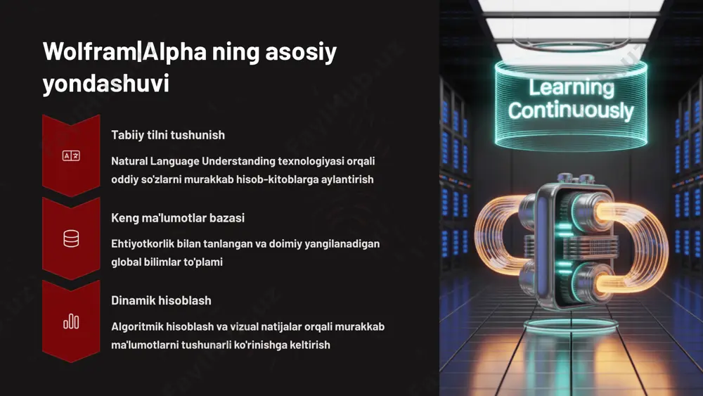 ya sohalari uchun kengaytirilgan funksiyalar pro versiya professional tadqiqotchilar va o'qituvchilar uchun keng imkoniyatlar taqdim etadi. 5-bob: ilm-fan va muhandislikda qo'llanilishi fizika tadqiqotlari kvant mexanikasi, relativlik nazariyasi, zarralar fizikasi hisob-kitoblari kimyo tahlillari molekular tuzilish, kimyoviy reaktsiyalar, termo-dinamika muhandislik loyihalari konstruksiya hisoblash, material mustahkamligi, tizim optimizatsiyasi muhandislik grafikasi va wolfram|alpha natijalari muhandislik hisoblash murakkab integral tenglamalar, stress tahlili, mahsulot testi natijalari professional muhandislar loyiha davomida minglab hisob-kitob amalga oshiradilar. wolfram|alpha bu jarayonni tezlashtiradi va xatolar ehtimolini kamaytiradi. wolfram|alpha ning global ta'siri 15m+ kunlik foydalanuvchilar dunyo bo'ylab har kuni wolfram|alpha dan foydalanadigan odamlar soni 1000+ universitetlar ta'lim jarayonida wolfram|alpha ni qo'llaydigan oliy o'quv yurtlari wolfram|alpha ilm-fan va ta'limning demokratlashuviga katta hissa qo'shdi - har kim professional darajadagi hisob-kitoblar amalga oshira oladi. raqamlar bilan wolfram|alpha 35+ yillik tajriba ilmiy izlanishlar va texnologiya rivojlanish davri 10m+ kunlik so'rovlar har kuni tizimga kiritilayotgan savollar soni 100+ bilim sohalari qamrab olingan fan va hayot sohalarining soni …