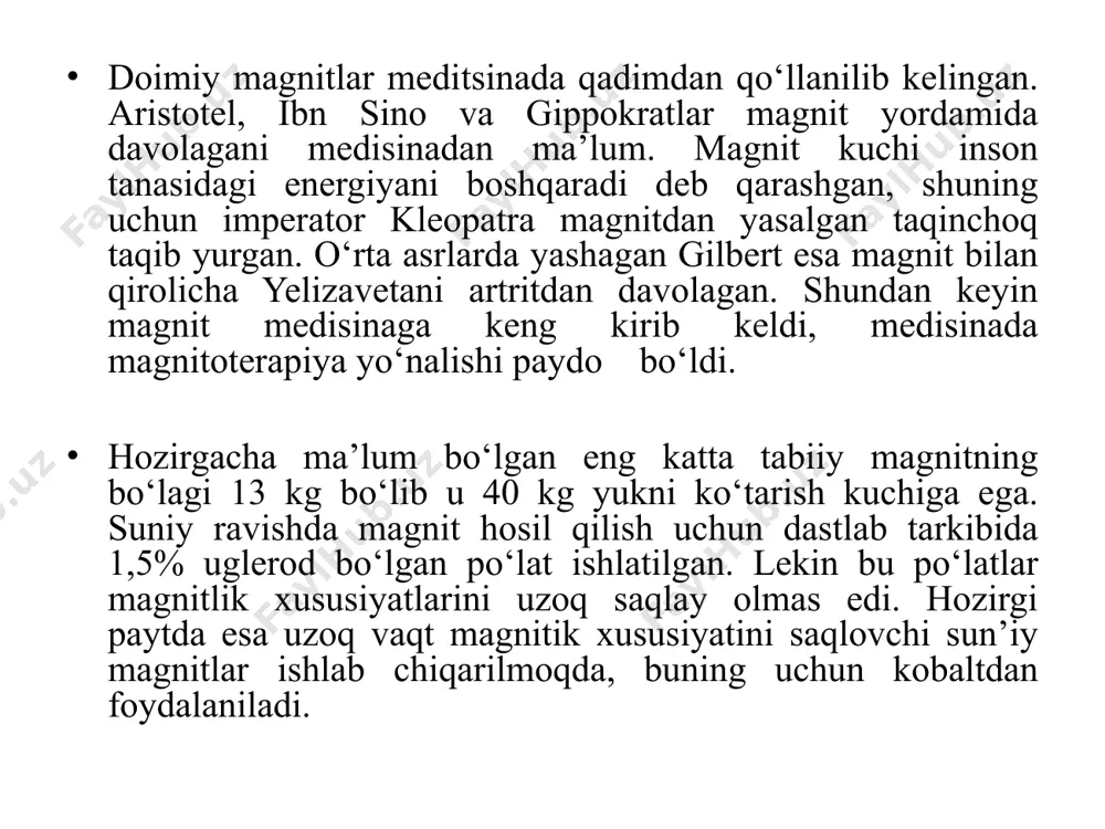 n, shuning uchun uni amper kuchi deb yuritiladi. gisterezis hodisasi moddalar magnitik xususiyatlariga ko‘ra uch xil turga ajratilib qaraladi: diamagnetiklar-ularda µ 1, bunday materiallarga kislorod, nikel kabilar kiradi. ularni magnitlash qiyin kechadi; ferromagnetiklar- ularda µ >>1, bunday moddalarga temir, po‘latning maxsus turlari, kobalt kiradi. ularning magnit singdiruvchanliklari bir necha o‘n ming, hatto yuzlab minggacha boradi, masalan temirning nikelli qotishmasi uchun µ =250 000. bunday moddalar elektr mashinalarining o‘zaklarini yasashda ishlatiladi. moddalarning magnitik xususiyatlarini o‘rganishda shu narsa aniq- langanki, agar biror moddani magnitlantirsak undagi qoldiq magnitlanish saqlanib qoladi va shu moddani yana qayta magnitlashda jarayonlar endi butunlay boshqacha kechadi. bu hodisa magnit gisterezisi deb yuritiladi. magnit maydonidan mashina va mexanizmlarda foydalanishning amaliy asoslari quyidagi 4 prinsipga tayanadi: 1. tokli o‘tkazgich atrofida magnit maydoni hosil bo‘ladi; 2. gʻaltakdagi magnit maydonining o‘zgarishi, shu g‘altakda elektr yurituvchi kuchni (e.yu.k.) induksiyalaydi (transformatorning ishlash prinsipi); 3. tokli o‘tkazgich magnit maydoniga kiritilsa, bu o‘tkazgichga maydon tomonidan ta’sir …