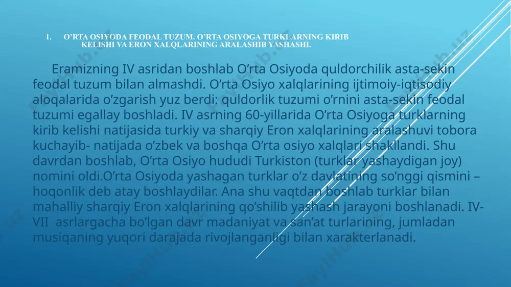 ik( mutaassiblik) darveshlarning to jazavasi tutib qolishigacha olib keluvchi diniy zikr tushishlari bilan chegaralangan edi. 6. keyinchalik arablar o’rta osiyo kuylaridan foydalanganligi. o’rta osiyoning arab xalifaligiga qo’shib olinishi ma’lum darajada ijobiy ahamiyatga ham ega edi. arablar o’z navbatida musiqa san’ati sohasida mahalliy aholidan ko’pgina narsani o’rganib oldilar. a.isfahoniyning arab tilida yozilgan “qo’shiqlar kitobi”ga ko’ra juda ko’p o’rta osiyo kuylaridan arablar foydalangan. masalan musadjiq nomi bilan mashhur bo’lgan birinchi arab qo’shiqchisi o’rta osiyoda (boshqa mamlakatlar qatori) ham bo’lib turli xil kuylarni tanlab oldi va ular zaminida qo’shiqlar ijrosi sistemasini yaratdi. boshqa bir qo’shiqchi ibn muhriz esa birinchi bo’lib o’rta osiyolik qo’shiqchilardan o’rgangan holda arab baytlarini ijro eta boshladi. al forobiy turli xil asboblar tovush qatorlarini o’rgana borib xuroson tanburiga alohida e’tibor berganining o’zi ham mahalliy musiqa asboblarining ahamiyati katta ekanligidan guvohlik beradi. tayanch iboralar: 1.” kitobi dada ko’rqut” ( “ko’rqut bobomning kitobi”)—turkiy xalqlarning xii- xv asrlarda yaratilgan qahramonlik qo’shiqlari majmuasi. ko’rqut …