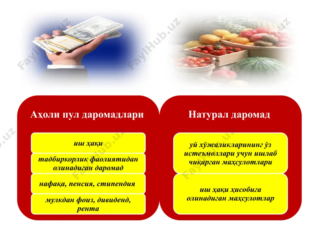 ялаш ва қўллаб - қувватлаш борасида кучли чора-тадбирлар ўтказиш пенсия билан нафақанинг фарқи пенсия – қонун томонидан кафолатланган ва фуқароларни кексалигида, қисман ёки тўлиқ меҳнатга лаёқатсизлиги, боқувчисини йўқотганда ҳамда меҳнат фаолиятининг муайян соҳасида маълум иш стажига эришган пайтида таъминлашга қаратилган пуллик тўловдир. нафақа – фуқароларга қонунчиликда кўзда тутилган ҳолларда қисман ёки тўлиқ меҳнатга лаёқатсизлик, оғир моддий шароит, болали оилаларни қўллаб-қувватлаш, шунингдек қариндошларидан бири вафот этган тақдирда мунтазам ёки бир марта бериладиган пул тўловларидир. нафақа турлари 1. ёши бўйича нафақа 2. ногиронлик бўйича нафақа 3. ҳомиладорлик ва туғиш бўйича нафақа 4. бола туғилганда бериладиган нафақа 5. ногиронлик бўйича нафақа 6. боқувчисини йўқотганлик бўйича нафақа 7. вақтинча меҳнатга қобилиятсизлик бўйича нафақа 8. дафн этиш маросими учун нафақа 9. ишсизлик нафақаси ва ҳ.к. ёш иш стажи (йил ҳисобида) 23 ёшга қадар 2 23 ёшдан 26 ёшга қадар 3 26 ёшдан 31 ёшга қадар 5 31 ёшдан 36 ёшга қадар 7 36 ёшдан 41 …