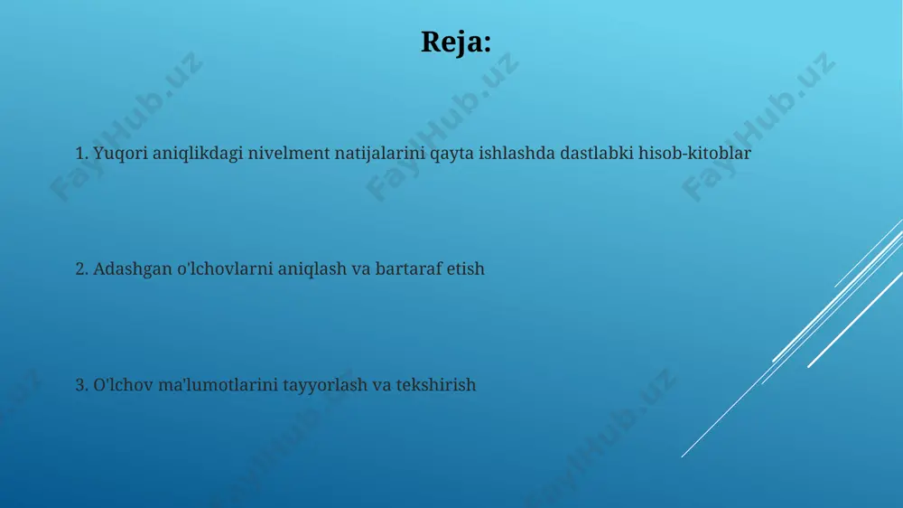 il yo'nalish bo'yicha o'lchovlar olib boriladi va oraliq nuqtalarni hisoblashda 0.1 mm aniqlik bilan o'lchangan masofalardan foydalaniladi. nisbiy balandliklarni hisoblash nisbiy balandliklarni hisoblashda, 0.001 metr aniqlikdagi nivellir ishlatilganda, o'lchov natijalarining standart og'ishishi 0.0005 metrdan oshmasligi kerak, aks holda qo'shimcha o'lchovlar o'tkaziladi. geodezik tarmoqda nisbiy balandliklarni hisoblashda, har bir qatorning uzunligi kamida 5 km bo'lishi va oraliq nuqtalari orasidagi masofa 200 metrdan oshmasligi tavsiya etiladi, bu aniqlikni oshirishga yordam beradi. sistematik xatolarni aniqlash va tuzatish geodezik bazaning uzunligi va balandlik farqining 100 m ga to'g'ri keluvchi o'rtacha ko'ndalang gradient 0,001 mm/m dan oshmasa, to'g'rilash imkoniyatlarini baholash mumkin. iqlimiy omillar ta'sirini hisobga olishda, haroratning 1°c o'zgarishi 0,005 mm ga yaqin qo'shimcha xatolik keltirib chiqarishi mumkin, bu esa o'lchov aniqligini pasaytiradi. natijalarni tahlil qilish va hujjatlashtirish har bir nuqta uchun balandlik qiymati va uning standart xatosi hisoblab chiqilgan bo'lib, bu natijalar 1:10 000 masshtabdagi xaritaga kiritilgan. natijalarni tahlil qilishda 3σ qoidasidan foydalanib, o'rtacha …