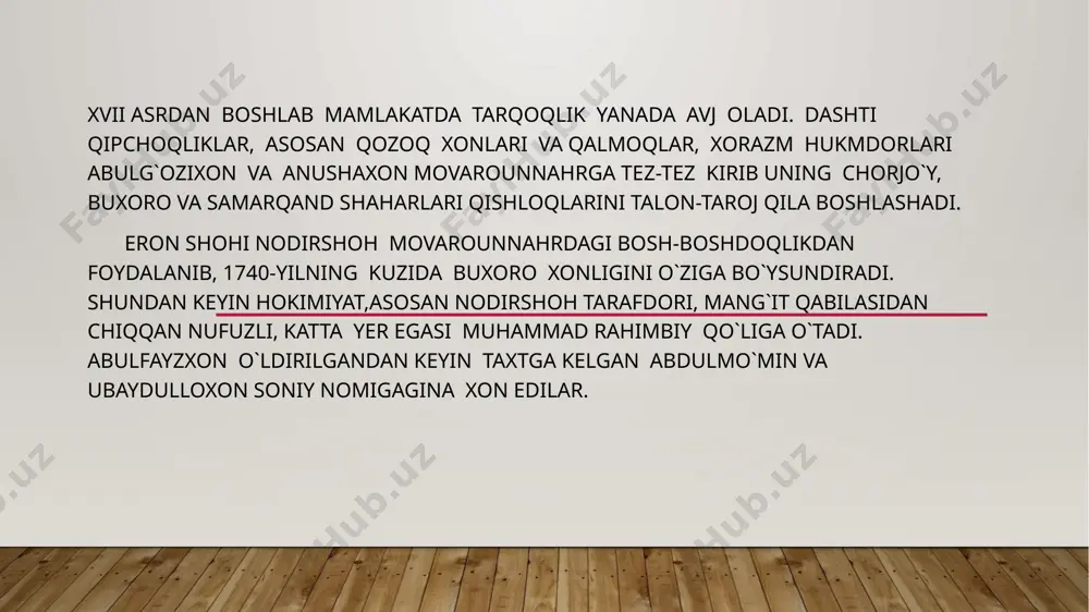 dinova chop etdi. asarning o'zbekcha nashri 1997-yili jabbor esonov tomondan amalga oshirildi. ubaydullanoma” xvii asrda o'tgan mir muhammad amin buxoriy asaridir. u o'qimishli va fozil kishilardan bo'lib, 1645-yilda tug'ilgan, vafot yili ma’lum emas. ashtarxoniylardan subxonqulixon va ubaydullaxon (1702—1711) saroyida bosh munshiylik vazifasida xizmat qilgan. “ubaydullanoma” buxoro xonligining 1702—1716-yiliar orasidagi ijtimoiy-siyosiy va madaniy hayoti haqida hikoya qiladi. asar 1716-yildan keyin yozilgan, muqaddima, xotima va 80 bobdan iborat. muqaddimada m uallifning h ol-ah voli, ya’ni subxonqulixon hukmronligining so'nggi yillarida xizmatdan chetlashtirilib, og'ir ahvolga tushib qolganligi va ubaydullaxon xizmatiga qabul qilinishi, abdulazizxon va subxonqulixon davrida buxoro xonligining ijtimoiy-siyosiy ahvoli qisqa tarzda bayon qilingan. ,,ubaydullonoma” 1— 80-boblarda buxoro xonligining qariyb 15 yillik (1702—1711) ijtimoiy-siyosiy tarixi batafsil yoritilgan. muallif mazkur asarida katta yer egaligi, aholidan yig'iladigan soliq va jarimdar, buxoro xonligining ma’muriy tuzulishi, tarqoqlikning kuchayishi, mamlakat boshiga tushgan iqtisodiy qiyinchiliklar va uning ayrim sabablari kabi masalalarga keng o'rin ьещап. asarda geografik va etnografik ma’lumotlar ham …