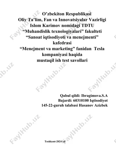tesla kompaniyasi haqida mustaqil ish test savollari — DOCX