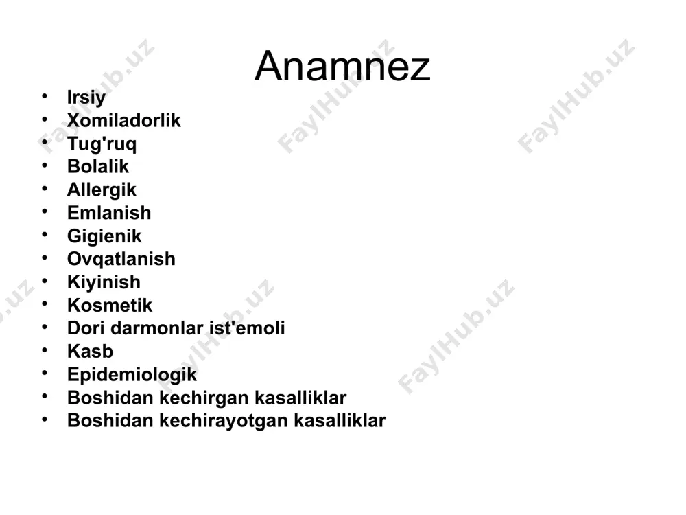 ak ko'rinishidagi qipiqlanish bo'lib, o'lchami 1-2 mm keladi. v) tangasimon qipiq: o'lchami jihatdan 2-5 mm keladigan qipiqlanish. g) bargsimon yoki varaqsimon qipiq: o'lchami 5 mm dan katta bo'lgan teri ko'chishlari hisoblanadi. kepaklanishning sxematik ko’rinishi kepaklanishning klinik ko’rinishi tangasimon kepaklanish bargsimon kepaklanish 7. terida pigment almanishuvining buzilishi hisobiga xosil bo'ladigan toshmalar: pigmentlanish-(pigmentatsiya) papula, tugun kabi xosilalar bo'lgan joyda terining kuchli pigmentlanish yoki eritrotsitlar gemoglobinining emirilishi ?isobiga xosil bo'ladi. pigment dog'lar qo'ng'ir rangda bo'ladi. depigmentatsiya terining depigmentatsiyasi depigmentatsiya giperpigmentatsiya(xloazma) 8.teri destruktsiyasidan so'nggi eksudatlar hisobiga xosil bo'ladigan toshmalar: po'stloq: pufakcha, pustula va yaralar eksudatlarining qurishidan xosil bo'ladi. ekssudatning tarkibiga bog'liq xolda ularning rangi har xil bo'ladi. agar ekssudat tarkibi serroz suyuqlikdan iborat bo'lsa tiniq yoki kulrang, yiringli bo'lsa sariq, qonli bo'lsa qora-qizil yoki qo'ng'ir rangda bo'ladi. qaloq(krusta) qonli qaloq йирингли қалоқ qaloqning klinik ko’rinishi 9.terining epiderma va so’rg’ichsimon qavatlarining o’sishi xisobiga xosil bo’ladigan element. vegetatsiya vegetatsiyaning klinik ko’rinishi 10.teri epidermasi qayta qayta uzoq …