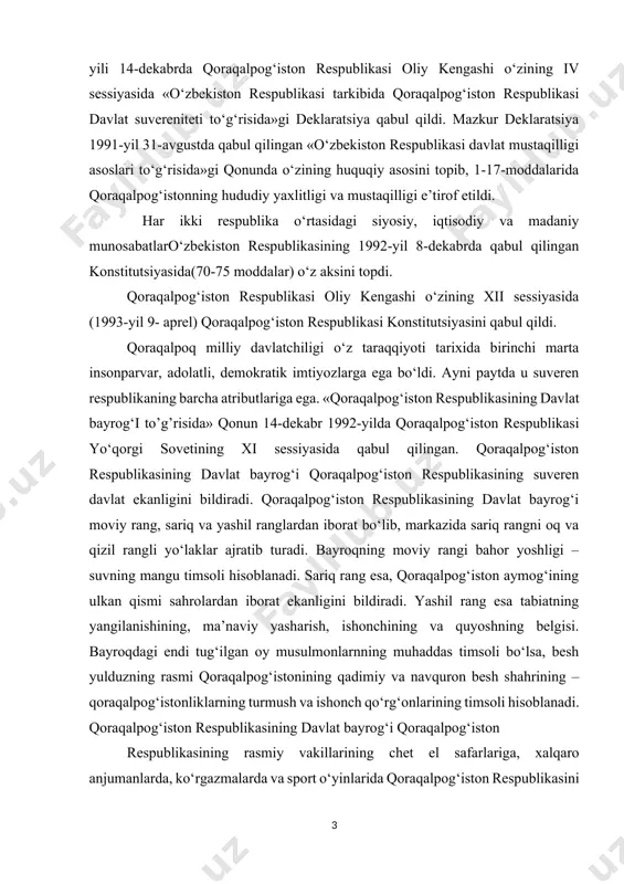 rolardan iborat ekanligini bildiradi. yashil rang esa tabiatning yangilanishining, ma’naviy yasharish, ishonchining va quyoshning belgisi. bayroqdagi endi tug‘ilgan oy musulmonlarnning muhaddas timsoli bo‘lsa, besh yulduzning rasmi qoraqalpog‘istonining qadimiy va navquron besh shahrining – qoraqalpog‘istonliklarning turmush va ishonch qo‘rg‘onlarining timsoli hisoblanadi. qoraqalpog‘iston respublikasining davlat bayrog‘i qoraqalpog‘iston respublikasining rasmiy vakillarining chet el safarlariga, xalqaro anjumanlarda, ko‘rgazmalarda va sport o‘yinlarida qoraqalpog‘iston respublikasini jahonga tanitadi. qoraqalpog’iston respublikasining davlat bayrog‘i xalqaro maydonda boshqa davlatlarning bayroqlari bilan teng turadi. qoraqalpog‘iston respublikasining fuqoralari va bu yerda yashaydigan boshqa insonlar qoraqalpog‘iston respublikasining davlat bayrog‘ini hurmat qilishi shart. qoraqalpog‘iston respublikasining o`zbekiston respublikasi tarkibiga kirganligi sababli 1992-yil 2-iyuldagi 616-xii-sonli «o‘zbekiston respublikasi davlat gerbi to‘g‘risida»gi qonuni bilan tasdiqlangan davlatimiz gerbini tan oladi. ayni vaqtda o‘zbekiston respublikasining davlat madhiyasi ham qoraqalpog‘iston respublikasi uchun ham amal qiladi. (o‘zbekiston respublikasi davlat madhiyasining matni va musiqasi o‘zbekiston respublikasining 1992-yil 10-dekabrdagi 768-xii-sonli «o‘zbekiston respublikasining davlat madhiyasi to‘g‘risida»gi qonuni bilan tasdiqlangan. parlament - qoraqalpog‘iston respublikasi jo‘qorgi kengeshi …