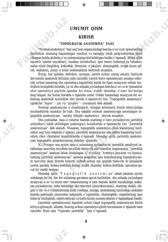 - gan o‘rni va o‘lchamlarining kishi yoshiga, jinsiga, qomatining tuzilishiga nisbatan hamda patologik jarayonlar natijasida o‘zgarishini, shuningdek, organlarning qon bilan ta’minlanishi, innervatsiyasi va limfa tizimi xususiyatlarini o‘rganadigan fandir. jarrohlik operatsiyasini bajarish uchun faqat topografik anatomiyani bilish kifoya qilmaydi, albatta, buning uchun operatsiya qilish texnikasini o‘rganish ham zarurdir. buni esai “operativ jarrohlik” fani o‘rganadi. 5 “jarrohlik” (xirurgiya) so‘zi – grekcha “xir” - qo‘l va “ergon” - ish, ya’ni qo‘l ishi, qo‘l hunari ma’nosini anglatadi. bu fan turli jarrohlik operatsiyalari texnikasini o‘rganadi. jarrohlik faqat hunargina emas, uning yana bir qancha muhim sifatlari borki, ular jarrohlikni fan darajasiga yetkazgan. odam organizmining tuzilishi – anatomiyasini bilmay turib, unda jarrohlik operatsiyasini o‘tkazish mumkin emas. shunday ekan, operativ jarrohlik va to- pografik anatomiya bir-biriga uzviy bog‘langan, yagona fandir. dastlab operatsiya qilish texnikasini murdalarda o‘zlashtirish maqsadga mu- vofiqdir. bunda a’zo va to‘qimalar topografiyasini shoshilmasdan mufassal o‘rganish, yumshoq to‘qimalarni kesish, tikish, suyaklarni arralash va boshqa jar- rohlik texnikasini …