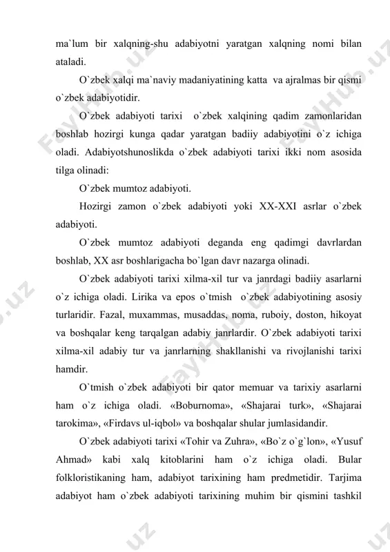 jumlasidandir. sobiq sho`rolar davrida ko`p sohalarda bo`lgani kabi, o`zbek adabiyotiga munosabat masalasida ham bir yoqlamalikka yo`l qo`yildi. adabiyot vakillari «saroy adabiyoti vakillari», «diniy-mistik adabiyot vakillari», «progressiv adabiyot vakillari» kabi ajratishlar asosida baholandi. saroy adabiyoti, diniy-mistik adabiyot vakillari deb nom olgan qator shoirlar merosi etarlicha nashr etilmadi. yoki ular ijodi kamsitildi. ko`pgina badiiy ijod namunalarini xalqqa etkazishga to`sqinlik qilindi. izoh: bu holat misollar bilan asoslanadi. o`zbekiston mustaqilikka erishgandan so`ng, o`tmish adabiyotimizga e`tibor kuchaygani bois yassaviy, sulaymon boqirg`oniy, imom fazzoliy, bahouddin naqshband, so`fi olloyor, haziniy, husayniy, amiriy, feruz kabilarning nomlari xalqqa keng ma`lum qilindi. asarlari chop etildi. buyuk hurmat va ehtirom ko`rsatildi. adabiyot tarixi xalq tarixining ajralmas bir qismidir. badiiy adabiyot taraqqiyoti jamiyatning umumiy taraqqiyoti bilan uzviy bog`liqdir. adabiyotni davrlashtirish asosida o`rganish maqsadga muvofiq ko`riladi. adabiyotshunosligimizda adabiyotni davrlashtirish muammolidir. adabiyotni davrlashtirishga nima asos qilib olinadi? mana bu savolga aniq javob berish qiyin. ayrim mutaxassislar adabiyot tarixi bosqichlarini podsholarning, sulolalarning hukmdorlik davri bilan, …