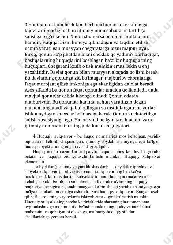 shilarning ozaro mavhum aloqalari emas. u moddiy va ma’naviy madaniyatda o‘z ifodasini topgan kishilarning bir-biriga ta’siri, muloqoti, qiziqish va ehti- yojlarining uyg'unlashuvi, fikr va e’tiqodlarining qiyoslashuvi, faoliyat va tajriba almashuvi natijasidir. muloqotda kishilarning ratsional, emotsional va erkin tarzda bir-biriga ta’siri, kayfiyatlari va qarashlari shakllanadi, turmush va xulq-atvor tarzi, odatlar, qiliqlar o'zlashtiriladi, ahillik, hamkorlik kabi guruhiy yoki ij'timoiy faoliyatini ifodalovchi xislatlar yuzaga keladi. huquq — davlat tomonidan belgilangan yoki tasdiqlangan umum majburiy ijtimoiy normalar tizimi. u huquqiy munosabatlar va fuqaroning davlat tomonidan mustahkamlanadigan, kafolatlanadigan va muhofaza etiladigan asosiy huquqlarini oʻz ichiga oladi. h. davlat boʻlib uyushgan jamiyatda paydo boʻladi va mulkchilik munosabatlarini, xoʻjalik aloqalari mexanizmini mustahkamlaydi, mehnat va uning mahsulotlarini jamiyat aʼzolari o'rtasida muayyan oʻlchov va shakllarda taqsimlab turuvchi vazifasini oʻtaydi 3 haqiqatdan ham hech kim hech qachon inson erkinligiga tajovuz qilmasligi uchun ijtimoiy munosabatlarni tartibga solishga to'g'ri keladi. xuddi shu narsa odamlar mulki uchun hamdir. haqiqat bizni himoya qilinadigan va …
