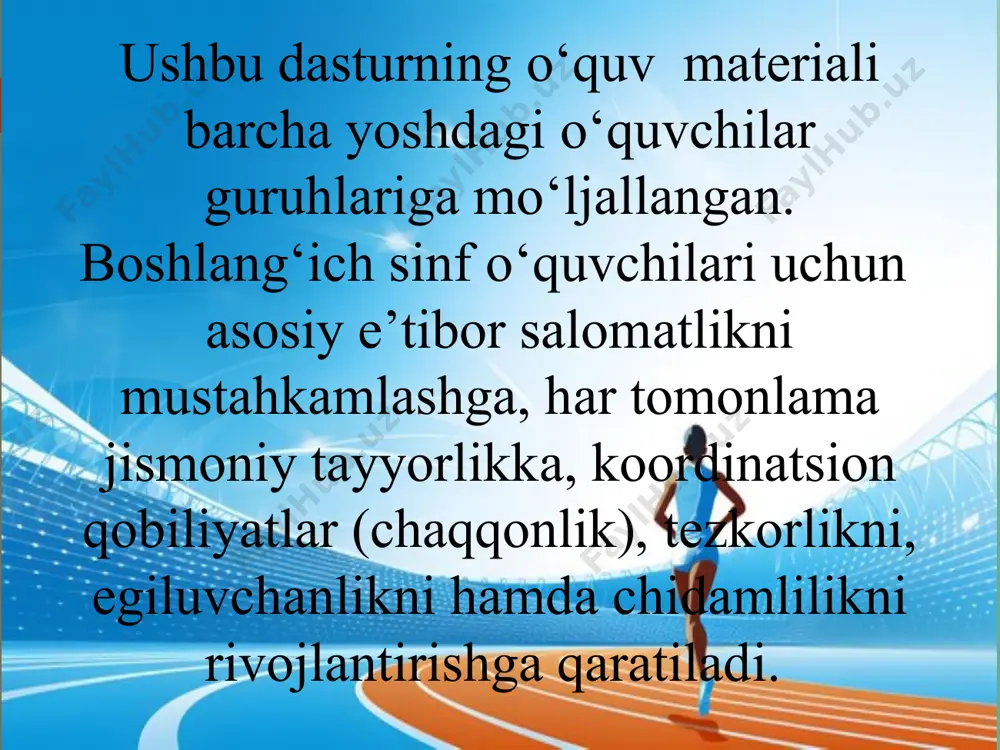 lg‘nikov o‘nkurash) va 3ta bronza medaliga (k.sarnatskiy uzunlikka sakrash, v.popov disk uloqtirish. v.zaysev nayza uloqtirish bo‘yicha) qo‘lga kiritishdi va x.k. yoshlar o‘rtasida 2001 yil yamaykada o‘tkazilgan chempionatda ko‘pkurash bo‘yicha l.andreyev, 2006 yilda xitoyda bo‘lib o‘tgan jchda balandlikka sakrash bo‘yicha s. radzevil, 2009 yil italiyada bo‘lib o‘tgan jchda nayza uloqtirish bo‘yicha a.svechnikovalar jahon chempioni bo‘lib yurtimiz bayrog‘ini baland ko‘tardilar. yengil atletika bilan shug‘ullantirish va uni o‘rgatish asoslari yengil atletika mashqlari shug‘ullanuvchilarga kuch kelish miqdori, harkatning shakli va xarakteri jihatidan juda ham har xil bo‘ladi. shuning uchun yengil atletikaning har qaysi turida shug‘ullanishda jismoniy mashqlar va gigienik rejimga rioya qilish kerak. yengil atletika shug‘ullanish jarayonida, shuningdek, yana boshqa tadbirlar vositasida yengil atletika va uni o‘rgatish metodikasi fanida axloq ruhida tarbiyalash, iroda va harakaterni chiniqtirish, mehnatsevarlikka tarbiyalashdan iboratdir sportcha yurish texnikasini o‘rgatish metodikasi sportcha yurish texnikasini katta ham, o‘smirlar ham o‘rganaverishlari mumkin. o‘rgatishning asosiy vazifasi sportcha to‘ri yurish texnikasini o‘rganish, turli xil siljish …