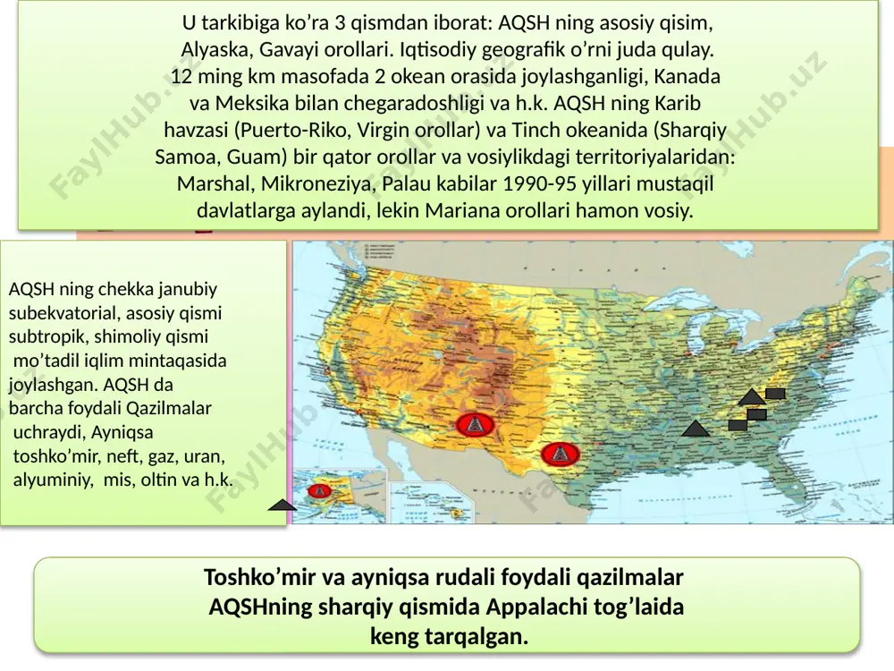 ibdi. don mahsuiotlarini yetishtirishda jahonda ikkinchi, qishloq xo'jalik mahsulotlarini eksport qilish bo'yicha birinchi o'rinni egallaydi. amerika iqtisodiyotida kapitaining markazlashuvi asosiy belgi hisoblanadi. qorametallurgiya. sanoatning bu tarmog'ini «muammo»ga boy deb aytish mumkin. boshqa iqtisodiy rivojlangan mamlakatlar singari aqsh da qorametall eritish qisqarmoqda (xx asrning 90-yillari boshida, taxminan, 100 mln.t, hozirda 75—80 mln.t). bu sohada ishlovchilar soni ham kamayib ketmoqda. qorametallarni eritish jarayonini mamlakatda bir nechta yirik kompaniyalar nazorat qiladi. shularning eng mashhuri — «yunayted steyts stil» korporatsiyasidir. rangli metallurgiya. aqsh rangli metallarning asosiy turlarini yirik ishlab chiqaruvchisi hisoblanadi. mis, rux, qo'rg'oshin eritish zavodlari montana, yuta, aydaxo, arizona shtatlarida rnavjud. yirik rangli metallurgiya rayoni tinch okeani sohilining shimoli-g'arbiy qismida jovlashgan. mashinasozlik va metallni qayta ishlash sanoati aqsh sanoatidagi eng yirik tarmoq hisoblanadi. unga sanoatda jami band aholining 40% i to'g'ri keladi. aqsh mashinasozligini o'n minglab korxonalar va minglab firmalar tashkil etadi, lekin shularning ichida bir nechta yirik monopoliyalar hukmronlik qiladi. avtomobilsozlikda — …