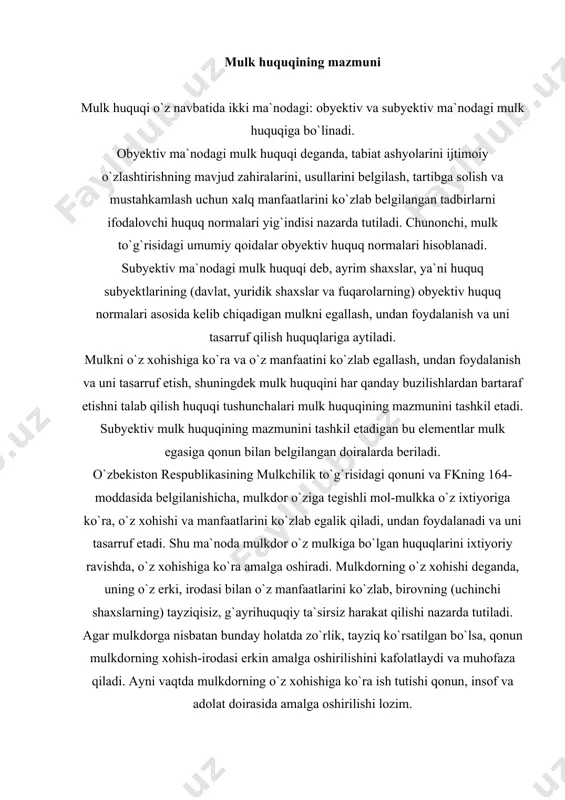 alga oshirilishini kafolatlaydi va muhofaza qiladi. ayni vaqtda mulkdorning o`z xohishiga ko`ra ish tutishi qonun, insof va adolat doirasida amalga oshirilishi lozim. mulkdorning mulkiy huquqni o`z xohishiga ko`ra amalga oshirishda uning manfaati yotadi. bu manfaat bevosita uning o`ziga, yaqinlariga yoki boshqalarga taalluqli bo`lishi mumkin. masalan, ota-ona voyaga yetmagan farzandi nomiga bankka omonat pul mablag`i qo`yganda ham, garchi bunda uchinchi shaxsning manfaati ko`zlaganday bo`lsa ham, aslida mulkdorning harakati zamirida ota-ona sifatidagi burchi yotadi. mulkdorning o`zi xohishiga ko`ra yoki manfaatiga zid ravishda mulkiy bitimlar tuzishiga majbur qilish, umumiy qoida bo`yicha bunday bitimlar haqiqiy sanalmasligiga sabab bo`ladi. yuqorida aytganimizdek, mulk huquqi uch unsur (element) – mulkka egalik qilish, undan foydalanish va uni tasarruf etishdan tashkil topadi. mulkni egallash huquqi mulkni qo`lda yoki unga nisbatan o`z huquqlarini amalga oshirishga imkon beruvchi biron joyda saqlab turishdir. mulkni qonunga muvofiq ravishda o`z qo`lida yoki o`z erki-irodasi ta`siri ostida saqlab turgan shaxs mulkni egallash huquqiga ega. bunday …