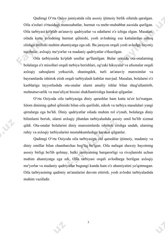 ar bolalarini diniy marosimlarda ishtirok etishga undab, ularning ruhiy va axloqiy tarbiyalarini mustahkamlashga harakat qilganlar. qadimgi oʻrta osiyoda oila tarbiyasiga oid qarashlar ijtimoiy, madaniy va diniy omillar bilan chambarchas bog'liq bo'lgan. oila nafaqat shaxsiy hayotning asosiy birligi bo'lib qolmay, balki jamiyatning barqarorligi va rivojlanishi uchun muhim ahamiyatga ega edi. oila tarbiyasi orqali avlodlarga berilgan axloqiy me'yorlar va madaniy qadriyatlar bugungi kunda ham o'z ahamiyatini yo'qotmagan. oila tarbiyasining qadimiy an'analarini davom ettirish, yosh avlodni tarbiyalashda muhim vazifadir. 2. oilaviy tarbiyada zoʻravonlik holatlarining kelib chiqish sabablari oilaviy tarbiya — bu har bir insonning hayotidagi eng muhim va ta'sirchan jarayonlardan biridir. oila, nafaqat shaxsiy munosabatlar, balki ijtimoiy va madaniy qadriyatlarni shakllantirishda ham muhim rol o'ynaydi. biroq, ba'zi hollarda oilada zo'ravonlik holatlari yuzaga kelishi mumkin. ushbu essayda oilaviy tarbiyada zo'ravonlik holatlarining kelib chiqish sabablari ko'rib chiqiladi. ijtimoiy-iqtisodiy sharoitlar oiladagi zo'ravonlikning birinchi va eng muhim sabablaridan biridir. qiyin iqtisodiy vaziyat, ishsizlik, moliyaviy muammolar va stress …