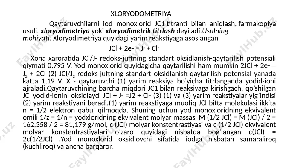 lash mumkin. xloryodimetriyani qo’llanishi. xloryodimetriya turli qaytaruvchilar, qator organik dori preparatlar: sulfanilamid xosilalari, barbituratlar, tiobarbituratlar, novokain, rivanol va boshqa organik birikmalarni aniqlashda qo’llaniladi.yod monoxlorid bilan bevosita titrlash usulida simob (i), kalay (ii), mishyak (iii),surma (iii), temir (ii), yodidlar, sulfitlar, tiostianatlar, askorbin kislotasi,gidrazin va uning xosilalari, gidroxinon, metionin, tiokarbamid va uning xosilalari va boshqa moddalar aniqlanadi.yuqorida qayd etilganidek, xloryodimetrik titrlashning oxiri, aksariyat xollarda potenstiometrik usulda aniqlanadi. tiostianatlar (rodanidlar) neytral, kuchsiz kislotali va kuchsiz ishqoriy sharoitda titrlanadi. reaksiyasini quyidagicha yozish mumkin. kuchsiz ishqoriy sharoitda: hcs- + 4jc1 + 8oh- = so2- + jch + 3j- + 4cl- + 4h2o neytral va kuchsiz kislotali sharoitda: hcs- + 7jc1 + 4h2o = so2- + jch + 3j2 + 7cl + 8h+ bromatometriya bromatometriya yoki bromatometrik titrlash usulida qaytaruvchilarning miqdori kaliy bromat kbro3 standart eritmasi bilan titrlab aniqlanadi. usulning mohiyati. mazkur usul quyidagi yarim reaksiyaga asoslangan bro3- + 6e- + 6h+ = br + 3h2o …