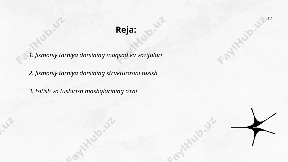 daqiqa ajratilishi lozim, bu esa jarohatlardan saqlanishga yordam beradi. tushirish mashqlari esa faoliyat yakunida orom olish va mushaklarni tiklash uchun 5-10 daqiqa davomida bajariladi. ushbu mashqlar qon aylanishini yaxshilaydi, mushaklarning elastikligini oshiradi va umumiy jismoniy tayyorgarlikni yaxshilaydi. tadqiqotlar isitish mashqlarining sport faoliyatiga samarali ta’sir qilishini va jarohatlar xavfini 20-30% ga kamaytirishini ko‘rsatadi. ... t.me/slaydai_bot 4. asosiy dars mashqlarini tanlash "asosiy dars mashqlarini tanlash" mavzusi o'quv dasturini samarali tashkil etish uchun muhimdir. o'qituvchilar mashqlarni tanlashda dars maqsadlari, o'quvchilarning yosh darajasi va bilim saviyasini hisobga olishadi. har bir dars uchun mashqlar soni va murakkabligi o'quvchilarning qobiliyatlariga mos bo'lishi kerak. tadqiqotlar shuni ko'rsatadiki, 45 daqiqalik dars uchun kamida 5-6 ta turli mashq tanlash samarali bo'lishi mumkin. mashqlar mazmuni nazariyani mustahkamlash va amaliyotda qo'llashni o'z ichiga olishi lozim. oquvchilarga mantiqiy uyushqoqlik va ijodkorlikni rivojlantiruvchi mashqlar tanlash tavsiya etiladi. ... t.me/slaydai_bot jismoniy tarbiya darsining rejasini tuzishda quyidagi bosqichlarni ko'rib chiqish lozim: dars maqsadlari (umumiy va …