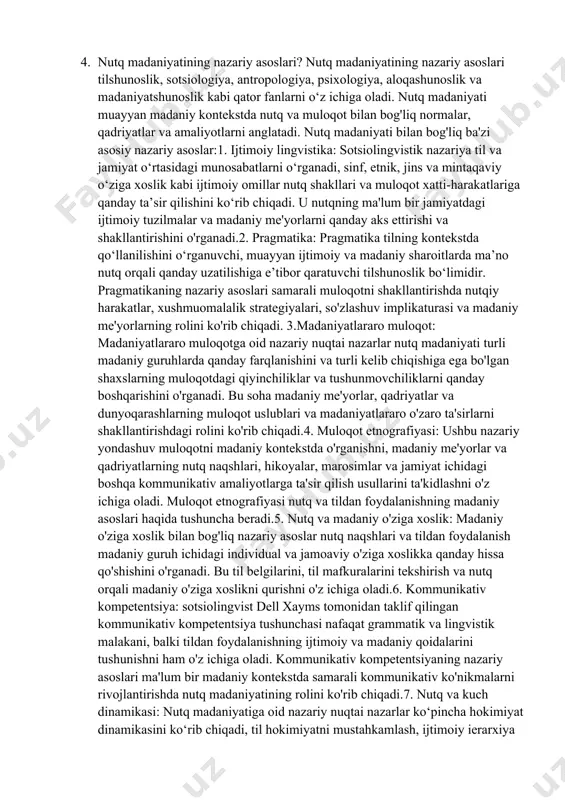 oki etnik guruhlar o'zlarining madaniy merosi bilan chambarchas bog'liq bo'lgan alohida til xususiyatlariga ega bo'lishi mumkin.2. madaniy me'yorlar va odob-axloq qoidalari: nutq shakllari va muloqot uslublari madaniy me'yorlar va odob-axloq qoidalarining katta ta'sirida. turli madaniyatlar suhbatni o'tkazish, xushmuomalalik strategiyalari, to'g'ridan-to'g'ri va og'zaki bo'lmagan muloqot belgilariga nisbatan har xil taxminlarga ega. ushbu madaniy me'yorlarni tushunish samarali madaniyatlararo muloqot uchun zarurdir.3. til va an’analar: ko‘pgina madaniyatlarda til va nutqda chuqur ildiz otgan og‘zaki an’analar va hikoya qilish amaliyotlari mavjud. ushbu an'analar ko'pincha tilning hikoyalar, folklor va madaniy bilimlarni avloddan-avlodga o'tkazish uchun ishlatilishini shakllantiradi.4. til va dunyoqarash: inson gapiradigan til ularning dunyoqarashi va madaniy nuqtai nazarini sezilarli darajada shakllantirishi mumkin. turli tillarda o‘ziga xos madaniy tushunchalar, qadriyatlar va tajribalarni aks ettiruvchi o‘ziga xos lug‘at, grammatik tuzilmalar va iboralar bo‘lishi mumkin.5. madaniy ifoda va ijod: til va nutq madaniy ifodalar, badiiy ijod va adabiy an’analar uchun vositadir. she'rlar, adabiyotlar, qo'shiqlar va badiiy chiqishlar ko'pincha …