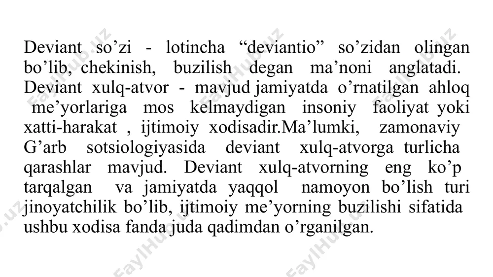 an jinoyatchilik oddiy biznesga o’xshagan faoliyat bilan bog’liq, biroq uning mazmuni qonunga xilof bo’ladi. tashkiliy jinoyatchilik - qudratli biznes bo’lib, uni iqtisodiy faoliyatning har qanday yirik sohasi, masalan avtomobil sanoati bilan qiyoslash mumkin. milliy va lokal jinoiy tashkilotlar ommaviy iste’molchilarga qonun tomonidan man etilgan tovarlar va xizmatlarni taklif etishadi. ba’zi kriminal tuzilmalar esa transnatsiolnal hisoblanishadi. uyushgan jinoyatchilik o’z ichiga boshqalar bilan bir qatorda, qimor o’yinlari, fohishabozlik, yirik miqyosdagi o’g’irliklar, va reket kabilarni qamrab oladi. o’smirlar va yoshlar jinoyatchiligi. hozirgi kunda o’smirlar orasida deviant fe’l-atvorni o’sishi dolzarb muammo bo’lib qolmoqda. o’smirlar ko’pincha chetga og’uvchi hatti-harakatlarni ongsiz ravishda, behosdan qiladilar. shuning uchun ularning ko’pchiligi qilgan ishlarini mohiyatini anglab etmaydi, o’z xatosini, aybini ko’rmaydi. so’rovlar natijasiga ko’ra, o’smirlarni ko’pchiligi o’z jinoiy ishlarini sababini tashqi shart-sharoitlardan qidiradilar, tashqi dunyoni ayblaydilar, so’ralganlarni to’rtdan bir qismi o’xshash vaziyatda har biri shuday hatti-harakat qilishini aytib o’tganlar o’smirlarni hatti-harakatida chetga og’ish hollarini asosida sotsial-madaniy ehtiyojlarni rivojlanmaganligi, ma’naviy dunyoni …
