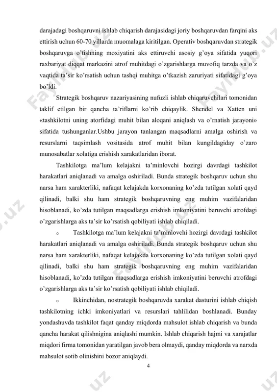 k boshqaruvning eng muhim vazifalaridan hisoblanadi, ko’zda tutilgan maqsadlarga erishish imkoniyatini beruvchi atrofdagi o’zgarishlarga aks ta’sir ko’rsatish qobiliyati ishlab chiqiladi. · ikkinchidan, nostrategik boshqaruvda xarakat dasturini ishlab chiqish tashkilotning ichki imkoniyatlari va resurslari tahlilidan boshlanadi. bunday yondashuvda tashkilot faqat qanday miqdorda mahsulot ishlab chiqarish va bunda qancha harakat qilishnigina aniqlashi mumkin. ishlab chiqarish hajmi va xarajatlar miqdori firma tomonidan yaratilgan javob bera olmaydi, qanday miqdorda va narxda mahsulot sotib olinishini bozor aniqlaydi. strategik boshqaruv - bu ko’proq biznes va menejmentning ma’lum falsafasi yoki mafkurasidir. har bir menejer tomonidan u ma’lum ma’noda o’zgacha tushuniladi va amalga oshiriladi. albatta, muammolarni tahlil qilish va strategiyani tanlash, shuningdek strategik rejalashtirishni amalga oshirish va strategiyaning amaliy realizatsiyasining bir qator tavsiyalari, qoidalari va mantiqiy chizmalari mavjud. lekin umuman olganda, strategik boshqaruv-bu strategik maqsadlarga tashkilotni yetkazishda yuqori raxbariyat intuitsiyasi va san’atining simbiozi, xizmatchilarning yuqori malakasi va ijodi va nihoyat, barcha xodimlarning tashkilot vazifalarini amalga oshirishga, maqsadlariga erishishning …