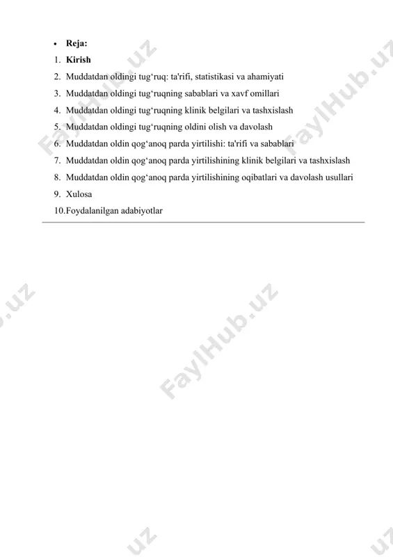 32-34-haftalar oralig‘ida) · keç muddatdan oldingi tug‘ruq (34-37-haftalar oralig‘ida) statistik ma’lumotlarga ko‘ra: · har 10 chaqaloqdan biri muddatidan oldin tug‘iladi. · mot chaqaloqlarning o‘lim darajasining asosiy sabablaridan biri hisoblanadi. · mot bilan bog‘liq bo‘lgan asoratlar chaqaloqlarning uzoq muddatli rivojlanishiga ta’sir qiladi. motni o‘z vaqtida aniqlash va tegishli davolash choralari ko‘rish chaqaloqning hayotini saqlab qolish uchun muhim hisoblanadi. · 2. muddatdan oldingi tug‘ruqning sabablari va xavf omillari muddatidan oldingi tug‘ruqning turli sabablari mavjud bo‘lib, ular ona organizmi, homila va tashqi muhit bilan bog‘liq bo‘lishi mumkin. · onaga bog‘liq sabablar: · gipertoniya va preeklampsiya · yuqumli kasalliklar · gormonal buzilishlar · stress va jismoniy zo‘riqish · bachadon va bachadon bo‘yni anomaliyalari · homilaga bog‘liq sabablar: · ko‘p homilali homiladorlik · homilaning noto‘g‘ri joylashuvi · yo‘ldosh yetishmovchiligi · tashqi omillar: · sigaret chekish va spirtli ichimlik iste’moli · noto‘g‘ri ovqatlanish · qiyin mehnat sharoitlari motning oldini olish uchun bu xavf omillari minimal darajaga …