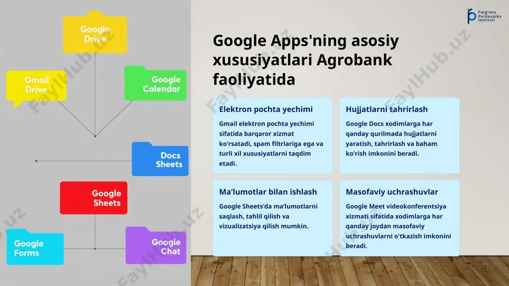 ko'rish mumkin. yozuvlar uchrashuvlarni yozib olish va ularni keyinroq ko'rish mumkin. 10 google chat - real vaqt muloqoti agrobank faoliyatida tezkor muloqot google chat yordamida xodimlar bir-biri bilan tezkor va samarali muloqot qilishlari mumkin. fayllarni baham ko'rish fayllarni osongina baham ko'rish va ularni birgalikda ko'rish mumkin. guruh chatlari guruh chatlari yordamida xodimlar bir-biri bilan muhokama qilish uchun guruh yaratish mumkin. 11 google forms - tezkor so'rovlar 12 google sites - oson veb-sayit yaratish agrobank faoliyatida oson veb-sayit yaratish google sites yordamida xodimlar hech qanday kodlash tajribasi bo'lmasa ham, osongina veb-sayitlar yaratish mumkin. ma'lumotlarni joylashtirish veb-saytga xodimlar o'z faoliyatlari haqida ma'lumotlarni, yangiliklarni, rasmlarni va videolarni joylashtirishlari mumkin. 13 xavfsizlik va konfidensiallık ma'lumotlarni shifrlash google apps barcha ma'lumotlarni shifrlaydi, bu esa ularning xavfsizligini ta'minlaydi. kirishni boshqarish kirishni boshqarish xususiyatlari yordamida xodimlarga ma'lumotlarga kirish huquqi berilishi mumkin. ikki bosqichli autentifikatsiya qo'shimcha xavfsizlik qatlami sifatida ikki bosqichli autentifikatsiya xususiyati mavjud. 14 xulosa google apps …