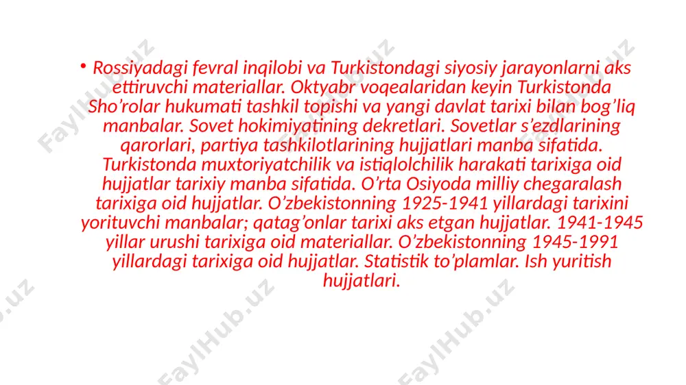 jribasi»ning barcha mash’um mushkulotlarini boshdan kechirdilar. eng achinarlisi shundaki, respublikadagi ijtimoiy-siyosiy tarixiy jarayonning o’ta murakkab va ziddiyatli kechishi ko’plab qurbonlar berilishiga, madaniy va ma’naviy yo’qotishlarga olib keldi. mustaqil о‘zbekiston davlatining tashkil topishiga oid materiallar. о‘zbekiston respublikasi birinchi prezidenti islom karimov asarlari mustaqil о‘zbekiston tarixi bо‘yicha asosiy manba. о‘zbekiston respublikasi prezidenti farmonlari, о‘zbekiston respublikasi prezidenti devoni nashrlari, о‘zbekiston oliy majlis hujjatlari muhim tarixiy manba. mustaqillik davri turli hujjatlari, statistik ma’lumotlar, nashr materiallari, matbuot materiallari va boshqa ma’lumotlar tarixiy manba sifatida. oktyabr to’ntarishidan keyin o’zbekistonning turkiston hududida bo’lgan anchagina qismi turkiston avtonom respublikasi sifatida rsfsr tarkibiga qo’shib olindi. 1924 yilda zo’raki o’tkazilgan milliy-hududiy chegaralanish natijasida o’zbekiston ssr tashkil topib, ssr ittifoqi tarkibiga kiritildi. ssr ittifoqi o’z mohiyatiga ko’ra unitar (qo’shma) davlat edi. oqibatda o’zbekiston to’la-to’kis moskvaga qaram bo’lib qoldi. o’zbekiston ssr faqat nimgagina mustaql edi. respublikaning rahbar organlari kompartiya markaziy qo’mitasi (mq) va ittifoq hukumati tomonidan tayinlanar, binobarin, ularga bo’ysunardi. ular respublika …