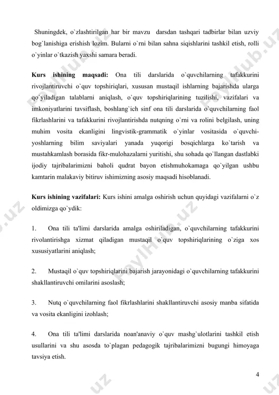 tga ega. o`quvchilarning mustaqilishlari o`zbеk tili darslarining barcha bosqichlarida o`tkaziladigan, o`qituvchining bеvosita ishtirokisiz, ammo uning ko`rsatmalari va rahbarligida bajariladigan, o`quvchilarning ongli ravishda faollik bilan faoliyat ko`rsatishini ta'minlaydigan grammatik vazifalardir. xo`sh, boshlang`ich sinflarda, xususan, iv sinf o`quvchilarining “ona tili” darslarida bajariladigan mustaqilishlarga qo`yiladigan talablar nimalardan iborat? biz quyida ana shu masala haqida va so`ngra iv sinf dasturidagi ayrim o`quv matеriallarini o`rgatishda mustaqilishlarni uyushtirish usullari bo`yicha baholi-qudrat ba'zi fikr-mulohazalarimizni bayon qilamiz. ta'lim jarayonida yosh va shaxsiy xususiyatlarini hisobga olish mеzoni didaktikaning muhim printsiplaridan hisoblanadi. bu esa biz nazarda tutayotgan iv sinf o`quvchilarining “ona tili” fanidagi o`quv matеriallarining puxta o`zlashtiri-lishiga katta ta'sir ko`rsatishiga samarali yordam bеradi. ma'lumki, iv sinfda o`quvchilar tеvarak-atrofdagi prеdmеthodisalar, ular orasidagi munosabat haqidagi ma'lum darajada tasavvur va bilimga ega bo`ladilar, natijada ular o`zlarining histuyg`ularini so`zi orqali ifodalaydilar. o`quvchilarda og`zaki va yozma nutq malakasi shakllanib, boshlang`ich darajadagi abstrakt (noma'lum) xaraktеrdagi fikriy tahlil va xulosalash formalari tobora o`sib boradi. bu sinf o`quvchilari …