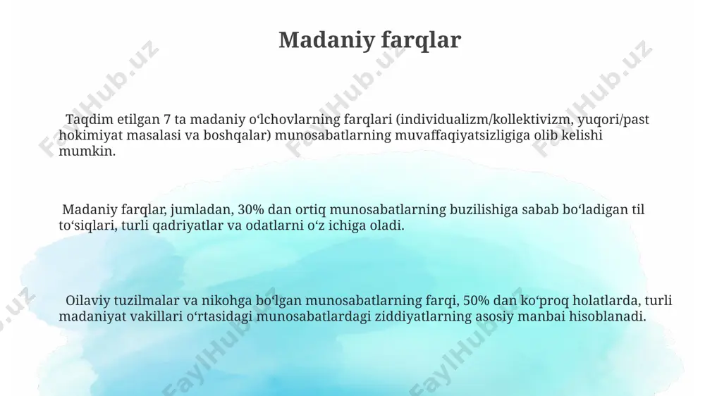 jrilish holatlarida asosiy omil hisoblanadi, bu esa muloqotning murakkablashishiga olib keladi. til to'siqlari, verbal va nonverbal aloqa usullarining farqlanishi bilan birga, 40-50 yosh oralig'idagi juftliklarda munosabatlardagi ishonchsizlik darajasini 20% ga oshirishi mumlik. e'tiboringiz uchun rahmat @taqdimot_robot image1.png