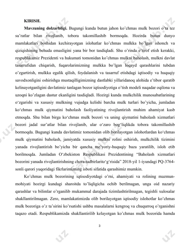 chiqqan holda takomillashtirish hozirgi kunning o’ta dolzarb masalalaridan biriga aylanmoqda. shu sababli, jahon moliyaviy-iqtisodiy inqirozi jahondagi ko’plab rivojlangan mamlakatar iqtisodiyotiga sezilarli zarar yetkazayotgan, hamda ko’chmas mulk bozorida murakkab va o’zgaruvchan sharoitni yuzaga keltirib turgan hozirgi kunda o’zbekiston sharoitida ko’chmas mulk qiymatini baholashning uslubiy asoslarini o’rganish, baholash va rieltorlik faoliyatlari bilan bog’liq jarayonlarni takomillashtirish respublikamizda erkin bozor infrastrukturasini rivojlantirishda o’ta dolzarb muammo hisoblanadi. bozor iqtisodiyoti sharoitida, xususiy mulkka egalik qilish, undan foydalanish hamda tasarruf etishda uning qiymatini adolatli baholarda aniqlash bugungi kundagi eng muhim muammolardan biri sanaladi. bugungi kunda ushbu muammoni hal etishda baholovchi tashkilotlarning rolini oshirish, xususiylashtirish maqsadida ko’chmas mulkning bozor qiymatini asosli baholash muhim ahamiyatga ega. yuqoridagilardan kelib chiqqan holda, ko’chmas mulk bozori va rieltorlik xizmatlari bozori metodologiyasini qo’llashga oid masalalar va ularning mazmun-mohiyati, hususiyatlari va jihatlarini mustaqil ravishda tahliliy ochib berish va tizimlashtirish asosida konkret bilimlarga ega bo’lish, muhim nazariy-amaliy xulosalar shakllantirish, shaxsiy fikr va qarashlarni asoslab berish …