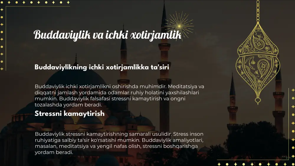 im rol o'ynaydi. buddaviylik, hayot va o'lim haqidagi chuqur tushunchalarga ega bo'lib, uning asosiy g'oyalari insonning ichki tinchlikka erishishiga yordam beradi. asosiy g'oyalar: dard va azobdan qutulish, reinkarnatsiya, va karmaning ahamiyati. bu g'oyalar inson ruhiy salomatligini ta'minlaydi va jamiyatda tinchlikni saqlashda muhim rol o'ynaydi. buddaviylik, shuningdek, o'z-o'zini anglash va hayot ma'nosini topishga yordam beradi. buddaviylik, o'z-o'zini anglash va ichki tinchlikni topishda muhim ahamiyatga ega. bu din, insonning ichki qiyofasini o'rganish va hayotda to'g'ri yo'lni topishga yordam beradi. buddaviylik orqali o'z his-tuyg'ularimizni va fikrlarimizni yanada chuqurroq tushunamiz. bu jarayon ichki tinchlik va qoniqishga olib keladi, bu esa muvaffaqiyatli va baxtli hayot kechirishimizga yordam beradi. buddaviylik va hayotning ma'nosi budaviylik dinida hayotning ma'nosi, insonning o'zligini, qadriyatlarini anglash va ularga muvofiq yashashga qaratilgan. hayot, buddaviylik nuqtai nazaridan, o'zaro aloqalar va ichki tinchlikni topish jarayoni sifatida talqin qilinadi. buddaviylik, hayotning maqsadini anglash va saqlashni, shuningdek, hayotdagi og'irliklarni yengish uchun ichki kuchni rivojlantirishni o'z ichiga …