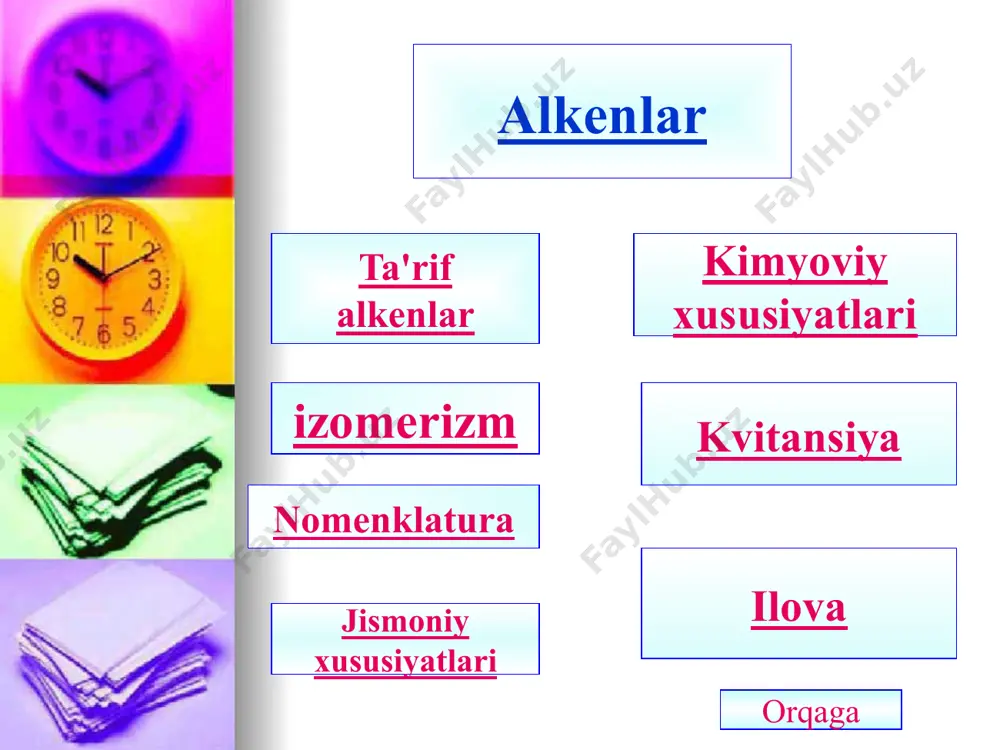 iqarishda. 6. etilenning maxsus xossalari etilen - o'simlik o'sishi regulyatori ci- ch 2 - ch 2 -p (oh) 2 \u003d o ch 2 \u003d ch 2 + h 3 po 4 + hcl orqaga "etrel" preparati (1946, m.i.kabachnik va p.a.rossiyskaya) o'simlikka kirganda, etilen ajralib chiqishi bilan parchalanadi, mevalarning pishishini tezlashtiradi. 17 zaitsev hukmronligi ushbu naqshni 1875 yilda taniqli rus kimyogari, talabasi va ismi a.m. butlerov aleksandr mixaylovich zaitsev va zaytsev qoidasi deb ataladi. dehidratsiya reaktsiyasi dehidrogalogenatsiya reaktsiyasining to'liq o'xshashligidir. de+ gidro + galogen + ion = olib tashlang + vodorod + halogen + (harakat). vodorod galogenidini yo'q qilish. suvsizlanish - bu suvni olib tashlash. 18 alkadienlar tushuncha alkadienlar tasniflash izomerizm va nomenklatura kimyoviy xususiyatlari kvitansiya orqaga 19 dien uglevodorodlari (alkadienlar) dien uglevodorodlari ( alkadienlar ) uglevodorodlar bo'lib, ularning molekulalarida uglerod atomlari o'rtasida ikkita qo'sh aloqa mavjud. umumiy formula: cnh 2n-2 , bu erda n>3 orqaga 20 tasniflash to'plangan bog'larga ega …
