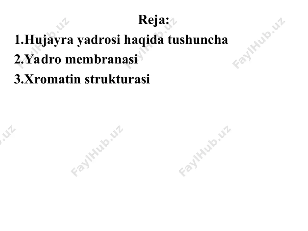 kin oksidlanish fermentlari uchramaydi. o‘simlik hujayrasida yadro joylashuvi hayvon hujayrasida yadro joylashuvi normal va rak hujayrasi yadrosi yadro qobig‘i (kariolemma) yadro qobig‘i (kariolemma) ikki qavatli membrana bo‘lib, u hujayra yadrosini sitoplazmadan ajratib turadi va yadroning ichki muhit barqarorligini ta’minlaydi. u ichki va tashqi membrana hamda perinuklear bo‘shliq (ikki membrana orasidagi fazo) dan iborat. 1. yadro qobig‘ining tuzilishi ichki membrana ichki membrana yadroning ichki qismini o‘rab turadi. yadro laminasi deb ataluvchi tolalar tizimi bilan qoplangan. xromatin va yadro tarkibidagi boshqa tuzilmalar bilan bevosita bog‘liq. tashqi membrana tashqi membrana endoplazmatik to‘r (et) bilan uzviy bog‘langan. uning yuzasida ribosomalar joylashgan bo‘lishi mumkin. hujayra oqsillari sintezida ishtirok etadi. perinuklear bo‘shliq bu ichki va tashqi membranalar orasidagi 30-50 nm kenglikdagi fazodir. yadroviy transport va ion almashinuvida muhim rol o‘ynaydi. 2. yadro teshikchalari (pora komplekslari) yadro qobig‘ida yadro teshikchalari (poralar) mavjud bo‘lib, ular yadro va sitoplazma o‘rtasida modda almashinuvini ta’minlaydi. har bir hujayrada minglab teshikchalar bo‘ladi. …
