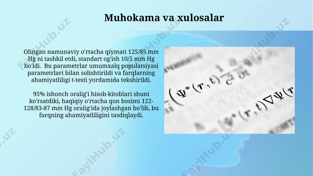 in, bu hisob-kitoblarni soddalashtiradi. binomial taqsimot, muvaffaqiyat ehtimoli p bo'lgan n ta mustaqil sinov natijalarini modellashtirishda ishlatiladi va biotibbiyotda kasallikning tarqalishini modellashtirishda foydali. f-kriteriysi va uning qo'llanilishi f-kriteriysi anova (dispersiyalarni tahlil qilish) usulida bir necha guruhlarning o'rtacha qiymatlari orasidagi farqlarning ahamiyatligini tekshirishda yordamchi vosita sifatida ishlatiladi, p-qiymati 0.01 dan kam bo'lsa natija ahamiyatli deb hisoblanadi. f-kriteriysi ikki yoki undan ortiq guruhning dispersiyalarini taqqoslash uchun ishlatiladi va ularning tengligi yoki teng emasligi haqida xulosa chiqarish imkonini beradi, 0.05 darajadagi ahamiyatlilik darajasida hisob-kitoblar amalga oshiriladi. korrelyatsion tahlil spearmanning reytingli korrelyatsiyasi, oddiy chiziqli korrelyatsiyadan farqli o'laroq, o'zgaruvchilarning tarqalishining shakli haqida taxmin qilmasdan, ma'lumotlarning reytinglari o'rtasidagi bog'liqlikni o'lchaydi va nosimmetrik bo'lmagan ma'lumotlar uchun qo'llaniladi. korrelyatsiya koeffitsiyenti (r) ning qiymati 0.8 dan yuqori bo'lsa, kuchli musbat korrelyatsiya, 0.5 dan 0.8 gacha o'rtacha, 0 dan 0.5 gacha esa zaif korrelyatsiya mavjudligini ko'rsatadi. statistik ahamiyatlilik p<0.05 bilan baholanadi. gipotezalarni tekshirish usullari t-testi, f-testi, chi-kvadrat testi kabi turli …