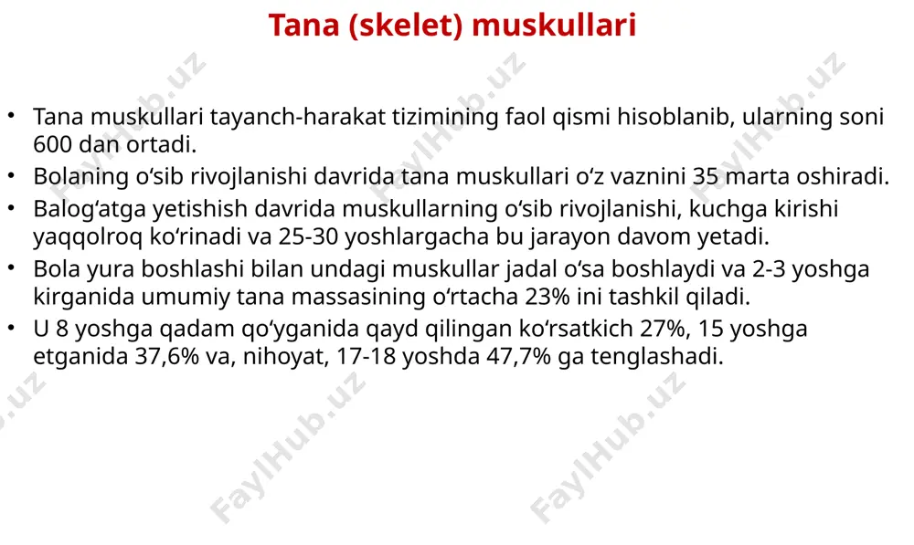 boʼlib, tolalari ichki qovurgʼalararo muskul tolalariga oʼxshab yoʼnalgan boʼladi. muskul tolalari pastki qovurgʼalarning ustki chetidan (qovurgʼa burchagiga yaqin joydan) boshlanib, qovurgʼaning pastki chetiga 1-2 qovurgʼani tashlab yopishadi. funksiyasi - qovug’alarni pastga tortadi. ko’krakning ko’ndalang muskuli koʼkrakning koʼndalang muskuli (m. transversus thoracis) toʼsh suyagining ichki yuzasidan koʼndalang yoʼnalgan tolalaridan boshlanib, ii—vi qovurgʼalarning togʼay qismiga yopishadi. funksiyasi: toʼsh-qovurgʼalar boʼgʼimini mustahkamlaydi, qovurgʼalami pastga tortib nafas chiqarishda qatnashadi. qisqaruvchan oqsillar turlari: аktin – 42000 d (1942, shtraube) – 20% miozin – 500,000 d (engel’gard) – 50% troponin – aktindagi regulyator funksiyasini bajaradi tropomiozin – miozin bilan bog’lanib ko’prik hosil bo’lishini ta’minlaydi qo’l muskullari qo’l mushaklari 5 ta guruxga bo’linadi: yelka oldi muskuli yelka orqa muskuli tirsak oldi va orqa muskuli bilak old va orqa sohasi muskuli panja muskuli yelka oldi muskuli: yelka oldi muskullari 2 guruxga bo’linadi: ikki boshli muskul: uning uzun boshchasi kurak suyagining bo’rtig’idan boshlanadi. kichik boshchasi kurak suyagining tumshuqsimon o’simtasidan boshla. …
