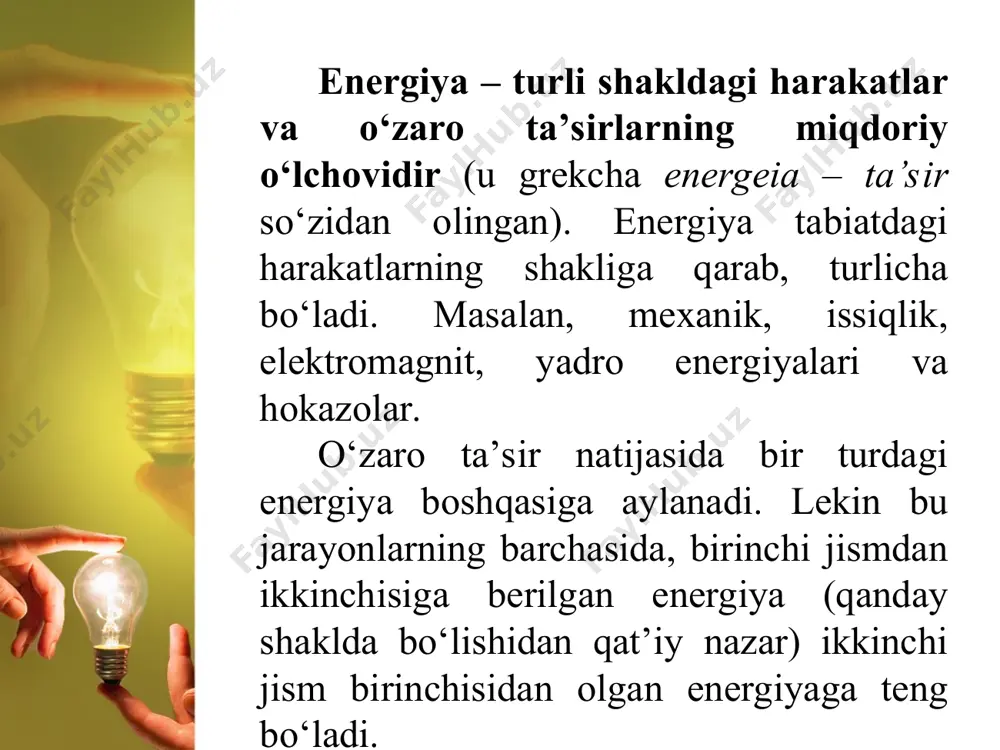 dagi b nuqtadan yer sathidan hisoblangan h2 balandlikdagi c nuqtaga o‘tishda jismning ko‘chishi h1 = h – h2 ga teng (3.2-rasm). bunda og‘irlik kuchining bajargan ishi quyidagicha ifodalanadi: bu yerda: p – jismning og‘irligi, m – uning massasi, g – erkin tushish tezlanishi, h – vertikal bo‘ylab, h1 va h2 sathlar orasidagi masofa. og‘irlik kuchining bajargan ishi yo‘lning shakliga bog‘liq bo‘lmasdan, faqat tushish balandligiga bog‘liq. shuning uchun ham og‘irlik kuchi ta’sirida bajariladigan ishlar trayektoriya shakliga emas, balki jismning boshlang‘ich va oxirgi holatiga bog‘liq. bunday kuchlarga potensial yoki konservativ kuchlar deyiladi. bu kuchlarning maydoni esa potensial maydon deyiladi. jism pastga harakatlanganda og‘irlik kuchi va ko‘chish yo‘nalishi mos tushganligi sababli bajarilgan ish musbat, yuqoriga harakatlanganda esa, ular qarama-qarshi yo‘nalganligidan manfiy bo‘ladi. shuning uchun og‘irlik kuchi ta‘sirida jism ko‘chib, yana boshlang‘ich vaziyatiga qaytgan holatdagi umumiy ish nolga teng bo‘ladi. sistemaning to‘la mexanik energiyasi deb, uning kinetik va potensial energiyalarining yig‘indisiga aytiladi. masalan yer …