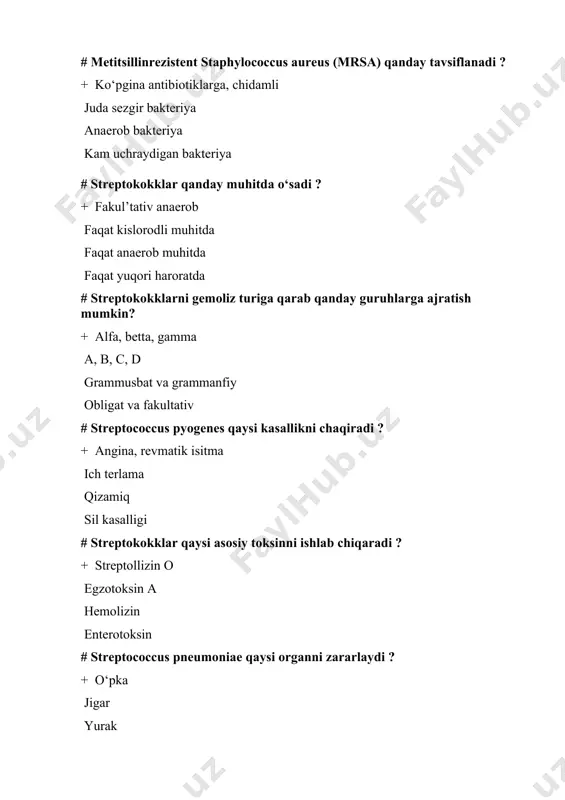 infektsiyalarining eng xavfli asoratlaridan biri nima ? + revmatik istma oshqozon og‘rig‘i teri qichishishi bosh aylanishi # pseudomonas aeruginosa qaysi bakteriya oilasiga mansub ? + pseudomonas escherichia staphylococcus streptococcus # pseudomonas aeruginosa qanday nafas oladi ? + ob’ligat aerob anaerob fakultativ anaerob mikroaerofil # pseudomonas aeruginosa ni ajratish uchun qaysi muhit ishlatiladi ? + cetrimidli agar qon agari endo muhit saburo agari # pseudomonas aeruginosa qaysi kasallikni keltirib chiqarmaydi ? + ich terlama yara infeksiyalari tsistit pneumoniya # kasalxonalarda pseudomonas aeruginosa qanday yuqadi ? + kontakt yo‘li bilan havotomchi fekaloral hasharotlar orqali # antibiotiklarga sezuvchanligini aniqlash uchun qaysi usul qo‘llaniladi ? + disk diffuzzion usul mantoux testi optoxin testi koaguloza testi # clostridiun pefringensning qaysi serovari odam normal ichak mikroflora tarkibida uchraydi ? + a b h c # clostridiun pefringensning qaysi serovari odam va hayvonlarda yuqumli enterotoksimiyani keltirib chiqaradi ? + d b h c # сl. novyining qaysi …