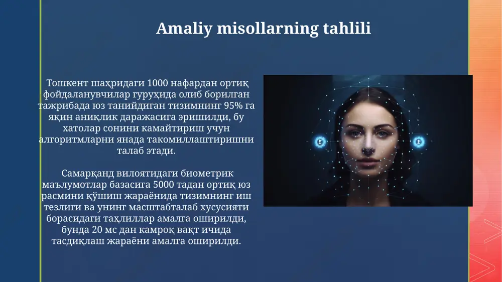 nda 5 baravar samaraliroqdir. yuzga asoslangan autentifikatsiya usuliga kirish jahon bo'ylab 2 milliarddan ortiq smartfon foydalanuvchilari biometrik autentifikatsiya, jumladan yuzni aniqlash texnologiyalaridan foydalanmoqda, bu esa xavfsizlikning yangi standartlarini belgilaydi. yuzga asoslangan autentifikatsiya, masalan, face id texnologiyasi, apple kompaniyalari tomonidan 2017-yilda iphone x’da taqdim etilgan va 3d yuz xaritalarini ishlatadi. e'tiboringiz uchun rahmat @taqdimot_robot image4.jpg image5.jpg image6.jpg image7.jpg image8.jpg image9.jpg image10.jpg image11.jpg image12.jpg image13.jpg image14.jpg image15.jpg image16.jpg image17.jpg image18.jpg image19.jpg image20.jpg image2.png image3.png