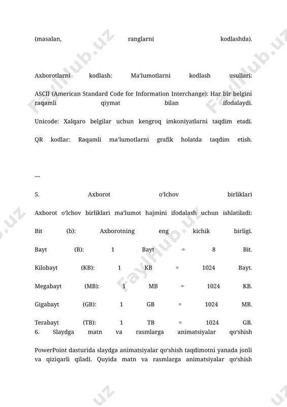 : “page layout” yordamida sahifa chegaralarini moslashtiring. 3. powerpoint: “file” > “print”. bir nechta slaydni bitta sahifada chop etish uchun “handouts” variantini tanlang. 4. access: “file” > “print”. jadval yoki ma’lumotlar kiritilgan hujjatlarni tanlang. --- 11. lokal tarmoqlar va ularni tashkil etuvchi qurilmalar lokal tarmoqlar (lan) kichik hududiy joylarni qamrab oladi. tarmoqni tashkil etuvchi qurilmalar: tarmoq adapterlari: har bir kompyuterga o‘rnatiladi. switch va hub: tarmoq ichida qurilmalarni ulash uchun ishlatiladi. router: internet bilan ulanishni ta’minlaydi. kabellar: ulanishlarni amalga oshirish uchun ishlatiladi (ethernet, optik kabellar). 12. kabellar va ularning turlari kompyuter tarmoqlarida kabellar ma’lumotlarni uzatish uchun ishlatiladi. ularning asosiy turlari: 1. juft tolali kabellar (twisted pair cables): eng keng tarqalgan kabel turi. ikkita mis sim o‘zaro chirmalib joylashgan. turlari: ekranlangan (stp) va ekranlanmagan (utp). ishlatilishi: lokal tarmoqlarda. 2. koaksial kabellar (coaxial cables): bitta mis o‘zak va uni o‘rab turgan himoya qatlami mavjud. uzun masofalarga ma’lumot uzatishda ishlatiladi. 3. optik tolali kabellar …