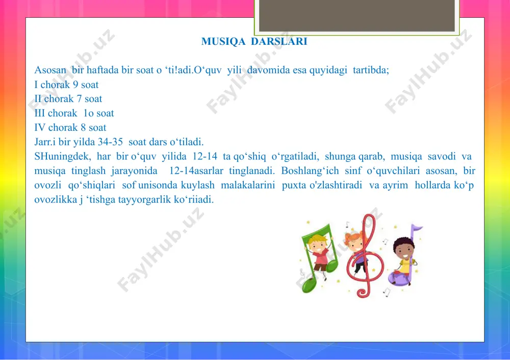a mos ritmik harakatlami bajarib o‘quvchilami ritm tuyg‘usini rivojlantirish. darsning turi: aralash. darsni jihozlash: darslik, notalar, reja-konspekt, musiqa cholg‘u asbobi, sd disk, bolalar cholg‘u asboblari: uchburchak, marakassa, doirachalar, rumba, yog‘och qoshiqlar, kuz fasli tasvirlangan rasm. darsning borishi: marsh musiqasi ostida o‘quvchilar sinfga kiradilar. salomlashib o‘tirishga ruxsat beraman. davomatni aniqlab, uyga berilgan vazifani tekshiraman. o'quvchilarga kuylash holatini eslatib, (gavdani to‘g‘ri tutib, qo‘llar tizzada, oyoqlar yerga tekkan holatda) ovozlarini sozlayman. 1. artikulyatsiya apparatini ishga solish uchun mashqlar kuylataman. 2. nafasni to‘g ‘ri yo‘lga qo‘yish uchun mashqlar kuylataman. oidingi darsda o‘rgatilgan «qadim turon» (n. norxo‘jayev musiqasi, p. mo‘min she’ri) qo‘shig‘ini o‘quvchilar bilan takrorlab, mustahkamlab, badiiy ijroga erishaman. song‘ra yangi «kuz» qo‘shig‘ini (i. ro‘zimuhammedov she’ri, s. abramova musiqasi) ifodali qilib ijro etib beraman va musiqiy jumlalarga bo‘lib o‘rgataman. qo‘shiqni mazmunini ochib beraman. bu qo‘shiq mazmunida «kuz» fasli kelganligi, bogiar sahovatliligi, mevalarni xil-xil pishganligi paxtalarni ochilganligi va ulami terish kerakligi haqida kuylanadi. qo‘shiq o‘rtacha tez …