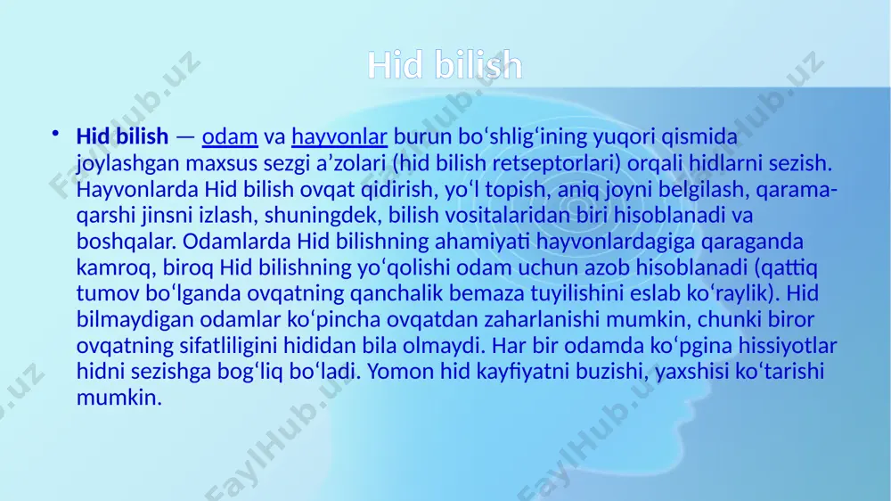 torlardan kelayotgan nerv impulyelari tahlil qilinib, odam ongida saqlanib qoladigan muayyan obrazlar shakllanadi. koʻrish organlarining hosil boʻlishi hayvonlar evolyutsiyasida yoruglikni qorongʻilikdan farq qiladigan (yomgʻir chuvalchanglari) yoki yoʻn altirilgan yorugʻlik nurlarini sezadigan (ko'poyoqli mollyuskalar) darajadan tasvirni mukammal tahlil qilib bera oladigan darajagacha boʻlgan murakkab rivojlanish yoʻlini bosib oʻtgan. qisqichbaqasimonlar va hasharotlar predmetlar shaklida farq qiladi, lekin yaqin masofadan ularni aniq koʻra oladi. baliqlar ham narsalarni yaqin masofadan koʻradi. quruklikda yashaydigan umurtqalilar uzoqni koʻruvchilar hisoblanadi; ular orasida qushlar eng uzoqni koʻruvchilardir ko’z ta’m bilish taʼm bilish — turli eriydigan moddalarning taʼm bilish retseptorlariga, asosan, tilga (umurtqalilarda) taʼsir etishi natijasida paydo boʻladigan sezgi. ta’m bilish retseptorlari tilda, halqumning orqa devorida, yumshoq tanglayda, murtaklarda joylashgan. til uchi, chetlari va orqa qismida retseptorlar ayniqsa koʻp; til oʻrtasida va uning ostki yuzasida ta’m bilish retseptorlari yoʻq. shirin, nordon, achchiq, chuchuk va shoʻr sezadigan ta’m bilish sezgilari farq qilinadi. bu sezgi maʼlum moddalarning oʻziga mos keluvchi ta’m …