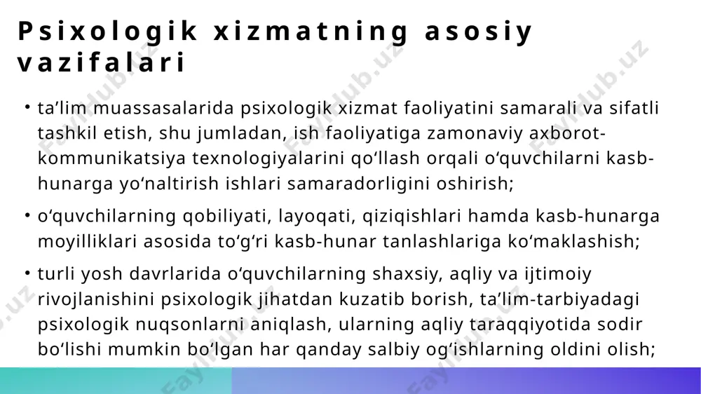 a; psixologik ma’rifat, tashxis, psixologik profilaktika, korreksion-rivojlantiruvchi, maslahat tadbirlarini sifatli tashkil etish va muddatlariga rioya qilishga; ta’lim jarayoni ishtirokchilarining shaxsiy ma’lumotlari hamda tashxis natijalariga oid ma’lumotlarini oshkor etmaslikka majbur. oʻzbekiston psixologlar assotsiatsiyasi oʻz aʼzolarining huquq va qonuniy manfaatlarini himoya qilish maqsadida tashkil etilgan nodavlat notijorat tashkilot. assotsiatsiya 2001 yil 18 yanvarda tashkil etilgan. uning asosiy faoliyati 2010 yildan boshlangan. assotsiatsiya faoliyatining asosiy maqsadi – oʻzbekiston aholisi uchun markazlashgan psixologik xizmatni yaratish, mutaxassis-psixologlarni faol amaliy va ilmiy-amaliy faoliyatga jalb qilish, shuningdek, oʻz aʼzolarining huquq va manfaatlarini himoya qilishdan iborat. image1.jpeg image2.png