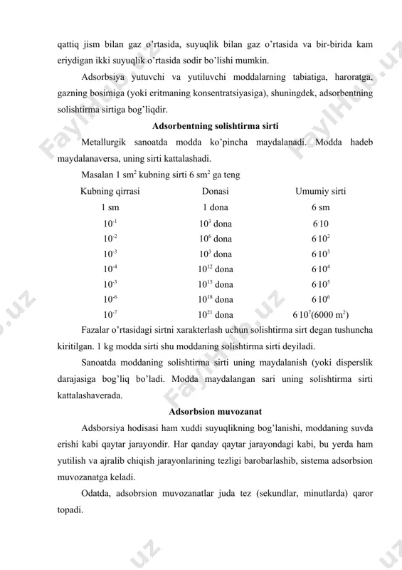 ga ega. adsorbentning sirt birligiga (1m2 ga) yutilgan moddaning gramm - molekula hisobidagi miqdori solishtirma adsorbsiya deyiladi. solishtirma adsorbsiya г=x/s ga teng. x - yutilgan modda miqdori; s - adsorbent sirti. lekin g’ovak-g’ovak tuzilgan qattiq adsorbentlarning (ko’mir silikagel) sirtini o’lchash juda qiyin bo’lgani uchun amalda sanoatda solishtirma adsorbsiyani topishda yutilgan modda miqdori adsorbent og’irligiga bo’linadi. x/t x - yutilgan moddaning gramm hisobidagi og’irligi m - adsorbentning gramm hisobidagi og’irligi. moddaning sirt birligiga (1m2 ga) yutilishi mumkin bo’lgan eng ko’p miqdori, maksimal solishtirma og’irligi deyilib, гm bilan belgilanadi. metallurgiya sanoatida adsorblanish maqsadida aktivlangan ko’mir juda ko’p ishlatiladi. aktivlangan ko’mir g’ovak modda bo’lib, asosan ugleroddan iborat. turli organik moddalarning havo kirmaydigan mayda kuydirilishidan hosil bo’lgan ko’mirda har xil smolalar bo’lib, ular ko’mirning teshiklarini bekitib qo’yadi. bu smolalarni yo’qotib, ko’mirning g’ovakligini oshirish maqsadida ko’mir maxsus ishlanadi, ya’ni aktivlashtiriladi. ko’mir qanday sharoitda aktivlanganiga qarab yo kislotalarni yo asoslarni ko’proq adsorbsiyalaydi. metallurgik jarayonlarda 900°c da …
