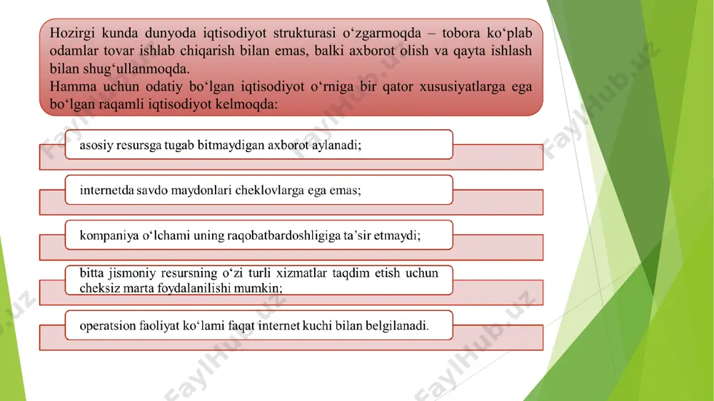 tarmoqlarini umumiy bir maydon sifatida ko‘rishga imkon beradi. ishsizlikning vujudga kelishi muhim infratuzilmani himoya qilish darajasini oshirish; raqamli qullik raqamli iqtisodiyotning qonunchilik bazasini shakllanishi raqamli qaramlik raqamli iqtisodiyotda jinoyatchilikning qattiq ta’qib qilinishi ma’lumotlarni vavfsizligi aqlli shahar, aqlli militsiya, aqlli temir yo‘llar va h.k. – fuqarolar hayot sifatining yaxshilanishi; bankdagi raqamli pullarga viruslar tushioshi oqibatida inqirozning yuzaga kelishi 1.3. raqamli iqtisodiyot tushinchasi, maqsadi vazifalari hozirgi kunda dunyoda raqamli iqtisodiyot atamasiga berilgan ko‘plab ta’riflar ishlab chiqilgan, shu bilan birga ushbu atama bilan bog‘liq bir qanma tushunchalar ham mavjud: “raqamli iqtisodiyot (digital economy)”, “elektron iqtisodiyot (e-economy)”, “internet-iqtisodiyot (internet economy)”, “tarmoq iqtisodiyoti (network economy)”, “virtual iqtisodiyot (virtual economy)”. mohiyatan ularning barchasi sinonim hisoblanadi. raqamli iqtisodiyot – ularni tahlil qilish natijalaridan foydalanish va katta hajmda qayta ishlash an’anaviy xo‘jalik yuritish shakllari bilan taqqoslaganda har xil turdagi ishlab chiqarishlar, texnologiyalar, asbob-uskunalar, tovarlar va xizmatlarni saqlash, sotish va etkazib berish samaradorligini jiddiy ravishda oshirishga imkon beradigan raqamli …
