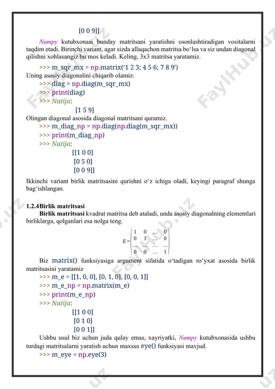 ari yoki numpy kutubxonasidagi matrix() funksiyasi yordamida yaratishingiz mumkin. >>> m_mx = np.matrix(‘1 2 3; 4 5 6’) >>> print(m_mx) >>> natija: [[1 2 3] [4 5 6]] agar siz ma’lum o‘lchamdagi matritsani keyinchalik to‘ldirish uchun ixtiyoriy tarkib bilan yaratmoqchi bo‘lsangiz, buni amalga oshirishning eng oson yo‘li zeros() funksiyasidan foydalanish bo‘lib, u ma’lum o‘lchamdagi matritsani nollar bilan to‘ldiradi: >>> m_var = np.zeros((2, 5)) >>> print(m_var) >>> natija: [[0. 0. 0. 0. 0.] [0. 0. 0. 0. 0.]] 1.3 matritsaning transpozitsiyasi matritsaning transpozitsiyasi – bu matritsaning satrlarini uning ustunlariga, ustunlarini esa tegishli ravishda satrlarga o‘zgartirish jarayonidir. natijada hosil bo‘lgan matritsa transponirlangan matritsa deb ataladi. transpozitsiya operatsiyasining belgisi t. raqamli misol asl matritsa uchun. transpozitsiya quyidagicha ko‘rinadi. pythonda dasturida misol: python dasturida matritsani ko‘chirish muammosini hal qilamiz. a matritsa yaratamiz. >>> a = np.matrix(‘1 2 3; 4 5 6’) >>> print(a) >>> natija: [[1 2 3] [4 5 6]] transpose() usuli yordamida …
