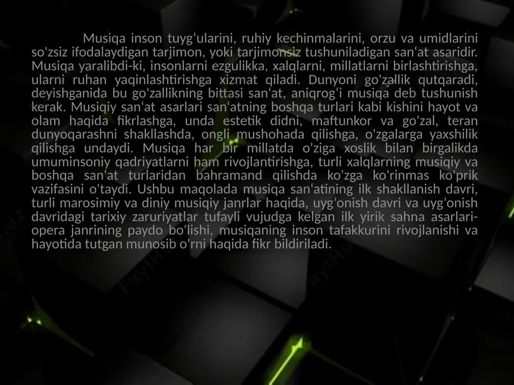 aziy o‘rinlardan birini egallar edi. italiya suv yo‘li orqali bevosita rivoj topgan sharq davlatlari, xususan, arab davlatlari bilan yaqindan aloqada bo‘lishga intildi. ix– xii asrlarda yaqin va o‘rta sharq xalqlari, musulmon sharqi madaniyatning yuqori cho‘qqiga ko‘tarilgani tarixdan ma‘lum. italiyaning bu davlatlar bilan iqtisodiy– madaniy aloqalari yevropada renessans madaniyatining vujudga kelishida muhim rol o‘ynagan. italiyaning sharqiy qo‘shnisi bo‘lgan ispaniyada esa musulmon madaniyatini bevosita rivoj ettirgan arab davlati–qordova xalifaligi deyarli xv asrlarga qadar davom etdi. palifonik maktabi g.dyufayi, i.okegem, ya.obrext, j.depre, o.lasso nomi bilan, italyan milliy maktabi – x.l.xasler, l.zenfl, ispan maktabi – k.morales va t.de viktoriya, ingliz maktabi – u.byord va t.talis, nemis maktabi – x.l.xasler, l.zenfi, polyak maktabi-shamotulli vatslav, lvovli marsin, m.zelenskiy; chex maktabi –y.turnovskiy, k.garant kabi kampazitorlar nomi bilan mashhur. bu borada fikr yuritishimiz mumkinki yevropada uyg‘onish davridagi maktablar nomlari kampazitorlarning ismlariga qo‘yilgan. ushbu kampazitorlar ijodida cherkov va dunyoviy musiqiy janrlar, jumladan, messa, motet, madrigal, qo‘shiq va turli xil …
