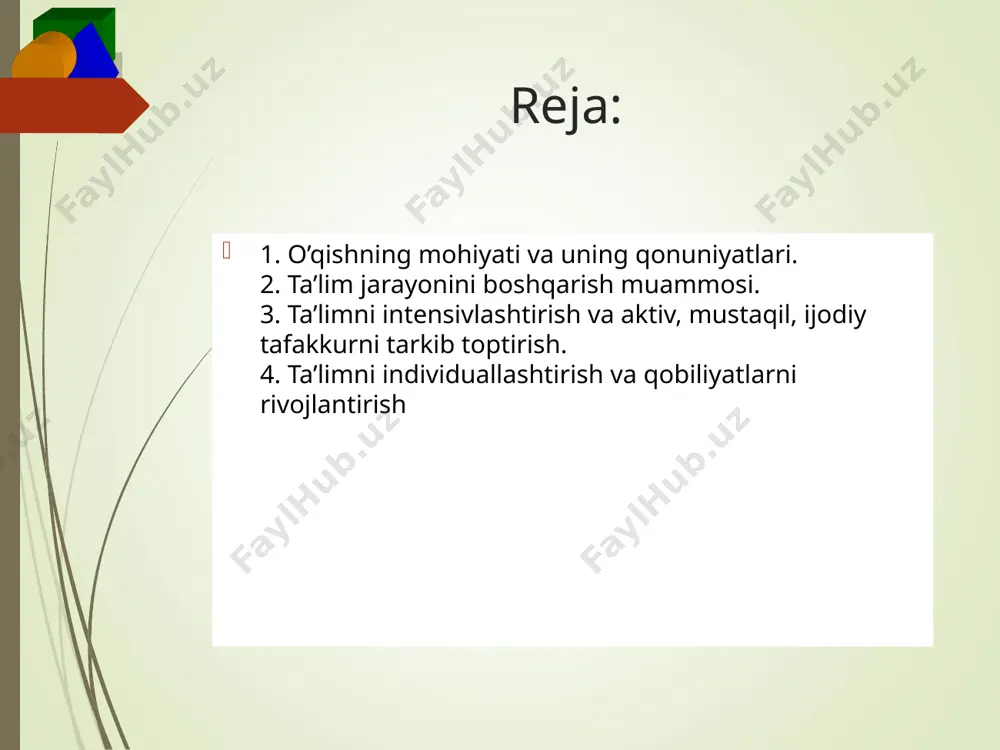va rivojlanishi bilan bog`liq bo’lishi kerak. o’quv faoliyati ta’lim, o’qish va o’rganish degan tushunchalar bilan bevosita bog`liqdir. o’quv faoliyatining besh elementi mavjud: o’quv harakatlari o’qituvchining baholashi o’qituvchining nazorati o’quv topshiriqlari o’quv motivlari. ta’lim jarayoni besh elementdan iborat: ta’limning mazmuni - nimaga o’qitish kerak? ta’limning maqsadi – nima uchun o’qitish kerak? ta’lim beruvchi o’quvchi ta’limning metodlari, usullari va pedagogik muloqot yo’llari. ta’lim jarayonini tashkil etish: ideal va amaliy faoliyatning u yoki bu turini muvaffaqiyatli tashkil etish uchun zarur bo’lgan tashqi olamning muhim ahamiyatli xossalari xususidagi axborotning o’zlashtirilishi: maqsadga muvofiq keladigan usullar va jarayonlarni to’g`ri tanlash va foydalanishga bog`liq faoliyatning ana shu barcha turlari tarkib topgan usullari va jarayonlarining o’zlashtirilishiga ta’lim jarayonining muvaffaqiyati: motivastiya ma’lumot usullari ma’lumotning tushunarliligi xotira ma’lumotni qo’llash xulosa umumiy psixologiya kursidan ma’lumki, idrok bu narsa va hodisalarni sezgi organlariga ta’sir etishi natijasida ularning kishi psixikasida yaxlit obrazini paydo bo’lishi bo’lib, idrok etish jarayoni ta’limda turli formalarda o’qituvchining og`zaki …
