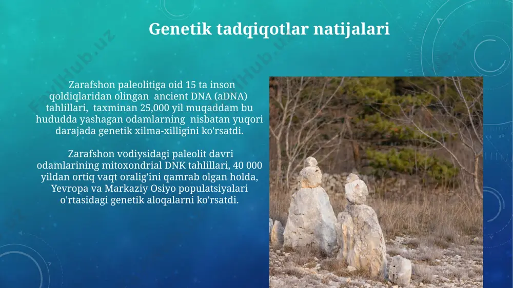 an foydalanganligini ko'rsatadi. arxeologik qazishmalar natijalari, zarafshonning shimoliy qismidagi o'qtosh joyida taxminan 30 000 yil avvalgi olov izlari topilgan bo'lib, bu odamlarning o'sha davrda olovdan foydalanib ovqat tayyorlashni bilganligini tasdiqlaydi. hayvonlar dunyosi va ovchilik usullari zarafshon mintaqasidagi paleolit davriga oid rasmlarda, 5 dan ortiq kishining birgalikda katta hayvonlarni ovlayotgani tasvirlangan bo'lib, bu jamoaviy ovchilikning mavjudligini ko'rsatadi. taxminan 10 000 yil avvalgi qoldiqlar, odamlarning murakkab tuzoqlar, masalan, jar yoqasidagi chuqur va tor teshiklar yordamida yirik hayvonlarni ovlash usullaridan foydalanganligini tasdiqlaydi. zarafshon paleolit madaniyati bilan boshqa mintaqalar o'rtasidagi aloqalar taxminan 100 000 yil avval zarafshon vodiysida yashovchi odamlarning o'rta osiyoning boshqa mintaqalari, jumladan, farg'ona vodiysidagi guruhlar bilan tosh texnologiyalari almashuvi bo'lgan degan faraz mavjud. zarafshon paleolitidan topilgan asboblarning 30% ga yaqini janubiy turkmaniston va eronning milyad avvalgi paleolit yodgorliklarida uchraydigan turlar bilan o'xshashliklarni ko'rsatadi. paleolit davri odamlarining sog'lig'i va kasalliklari paleolit davri zarafshon mintaqasi aholisining o'rtacha umr ko'rish davomiyati 30 yoshdan kam …