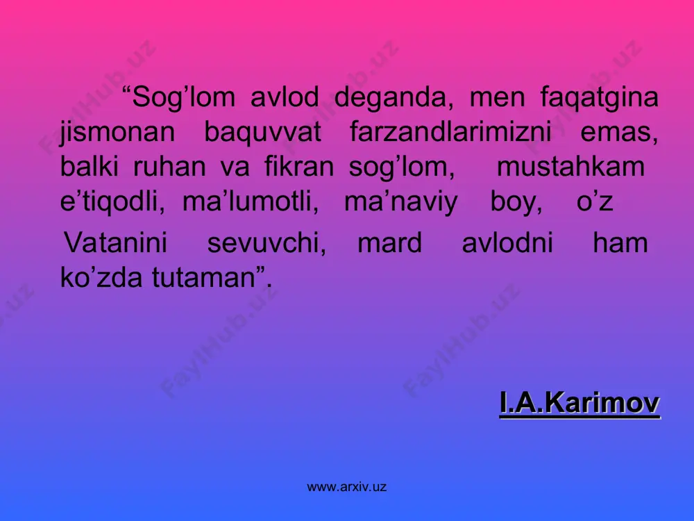 bilan kasallangan bemorlardan bir-biridan mustaqil ravishda ikki olim: aqshda robert gallo va fransiyada lyuk montan’elar ajratib oladilar. bir yildan so‘ng bu kasallik yevropa va dunyoning boshqa mamlakatlarida ham qayd qilingan. hozir oits deyarli barcha davlatlarda tarqalganligi uchun u «xx asr vabosi» deb ham ataladi. www.arxiv.uz www.arxiv.uz oits “tarjimai holi”dan satrlar oits epidemiyasining boshlanish vaqti deb 1970 yillarning oxiri va 1980 yillarning boshi qabul qilindi. 1981 yil 5 iyun - aqsh kasalliklarining oldini olish bo’yicha nazorat markaziga besh nafar fuqaro g’ayrioddiy kasallik bilan og’rigani haqida ilk ma’lumot kelib tushdi. 1982 yil, sentyabr – matbuotda ilk bor oits atamasi paydo bo’ldi, unga ta’rif berildi va aqsh hamda g’arbiy yevropada uning ustidan rasmiy kuzatuv olib borila boshlandi. www.arxiv.uz www.arxiv.uz 1982-1983 yillarda oitsning qonni qayta quyish va giyohvand moddalarni qon tomiri orqali kiritish bilan bog’liqligi aniqlandi. 1985 yil- oiv/oitsning asosiy o’tish yo’llari aniqlandi. 1985 yil- mdh davlatlari hududida oits bilan og’rigan ilk bemor qayd …