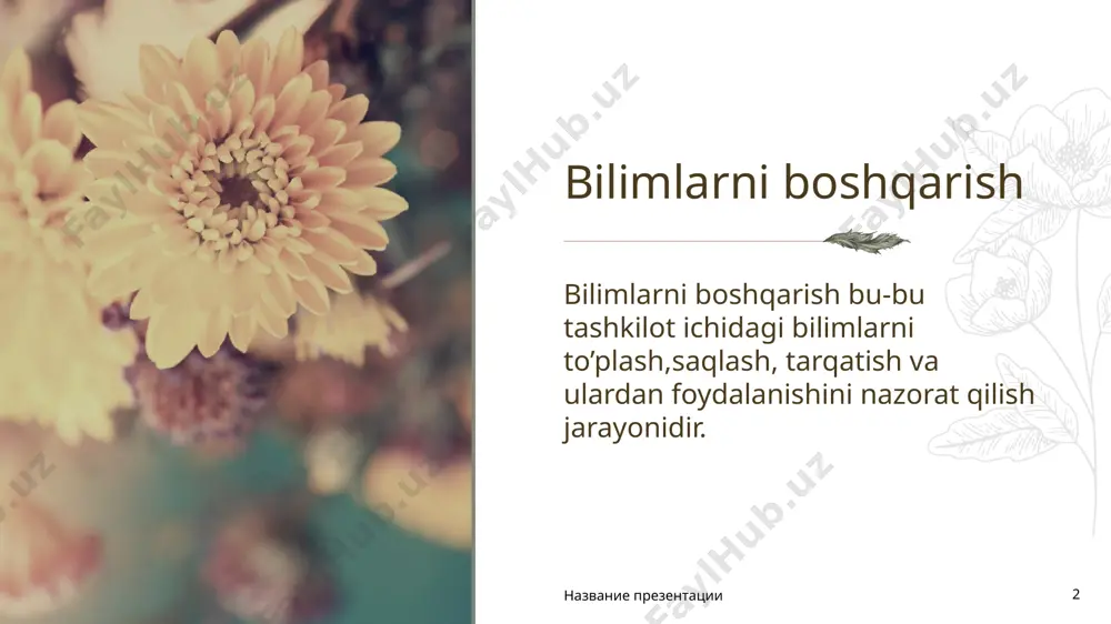 i bo’yicha ilg’orlardan biridi . bizning davlatimizda www.uz axborot-qidiruv tizimi qidiruv so’rovlari bo’yicha ilg’orlardan biridiaxborot qidiruv tizimlari – bu veb-sayt hisoblanib internet tarmog’ida axborotlarni qidirish imkoniyatini taqdim etadi. bunda yuqorida sanab o’tilganidek google , yahoo dunyodagi eng mashhur qidiruv tizimlaridan hisoblanadi. bizning davlatimizda www.uz axborot-qidiruv tizimi qidiruv so’rovlari bo’yicha ilg’orlardan biridi название презентации 8 ebdb ebdb” – elektron kutubxonalardan kitoblarni qidirishga ixtisoslashgan axborot-qidiruv tizimi. ushbu saytning ma'lumotlar bazasida elektron ko’rinishda tarqatiladigan adabiyotlarning ko’plab mashhurlari to’plangan. qidiruv natijalari kitob nomlari bo’yicha guruhlanadi. название презентации 9 bilimlar tizimi . заголовок презентации 10 bilimlar tizimi bu – asosan bilimlar bazasidir. bilimlar bazasi biror sohada oldindan belgilangan shart-sharoitlarga javob bera oladigan ma'lumotlar bazasini yaratish va undan foydalanish muhim ahamiyat kasb etadi. bilimlar bazasini shakllantirish turli uslublar orqali amalga oshirilishi mumkin. bunda muammolarning aksariyati bilimlar bazasining umumiy tuzilishi va uni tashkil etuvchi elementlarning o'zaro bog'lanish usuliga taalluqli bo'ladi. umumiy hofda bilimlar bazasini yaratish dasturlar tizimini …